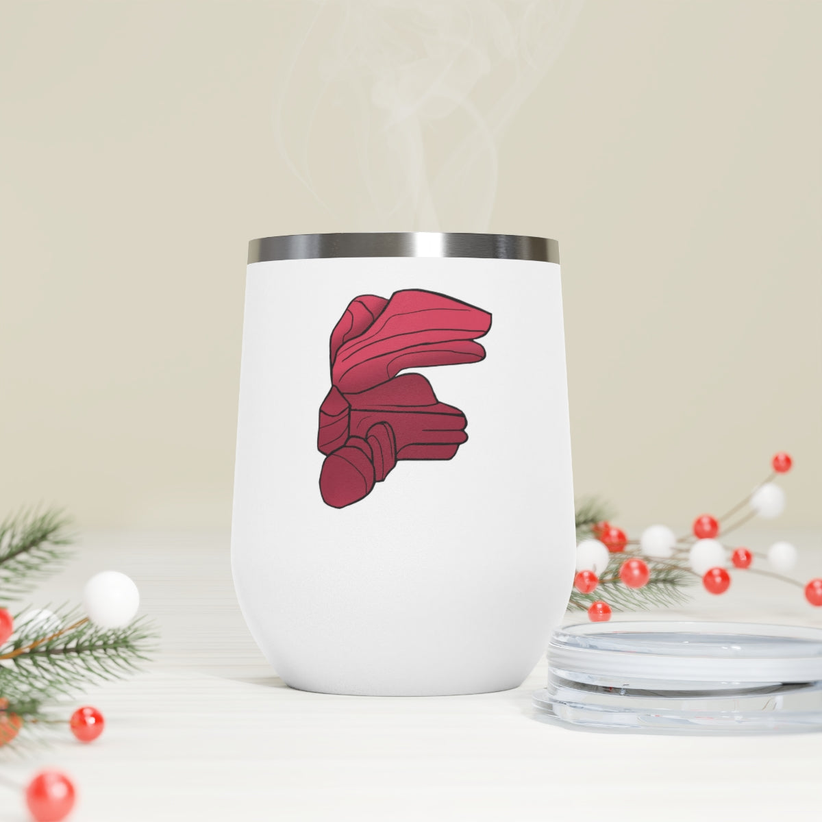 Rock 12oz Insulated Wine Tumbler in stainless steel with a clear plastic lid, showcasing a stylish and modern design.