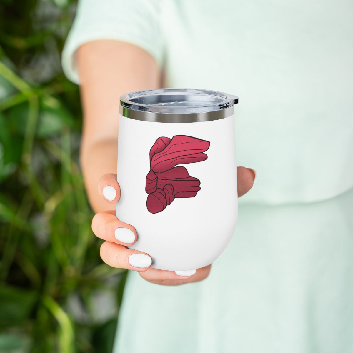 Rock 12oz Insulated Wine Tumbler in stainless steel with a clear plastic lid, showcasing a stylish and modern design.