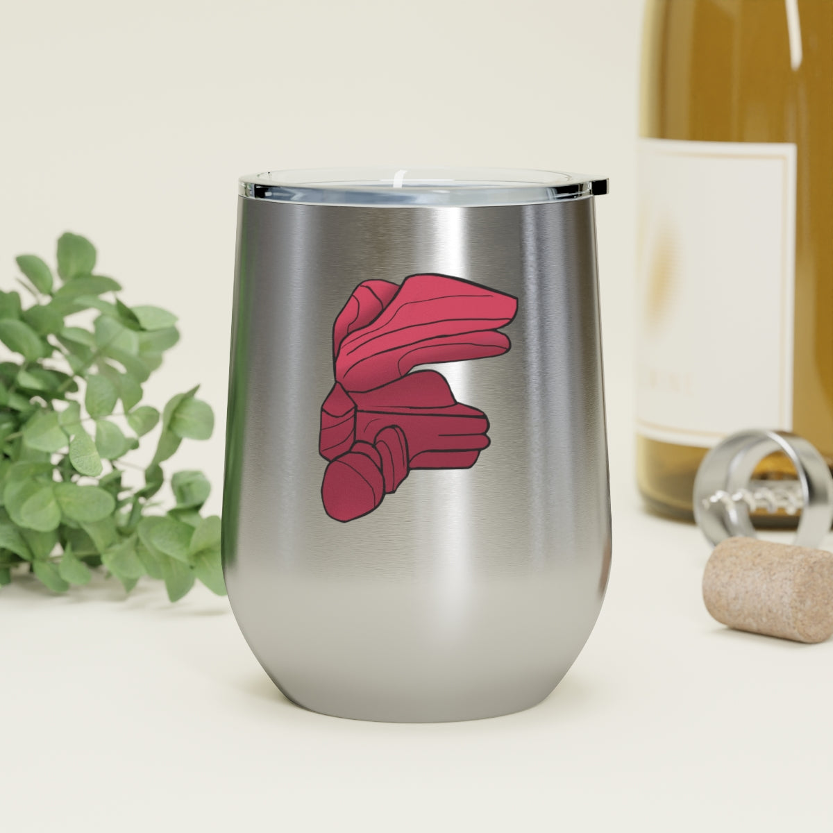 Rock 12oz Insulated Wine Tumbler in stainless steel with a clear plastic lid, showcasing a stylish and modern design.