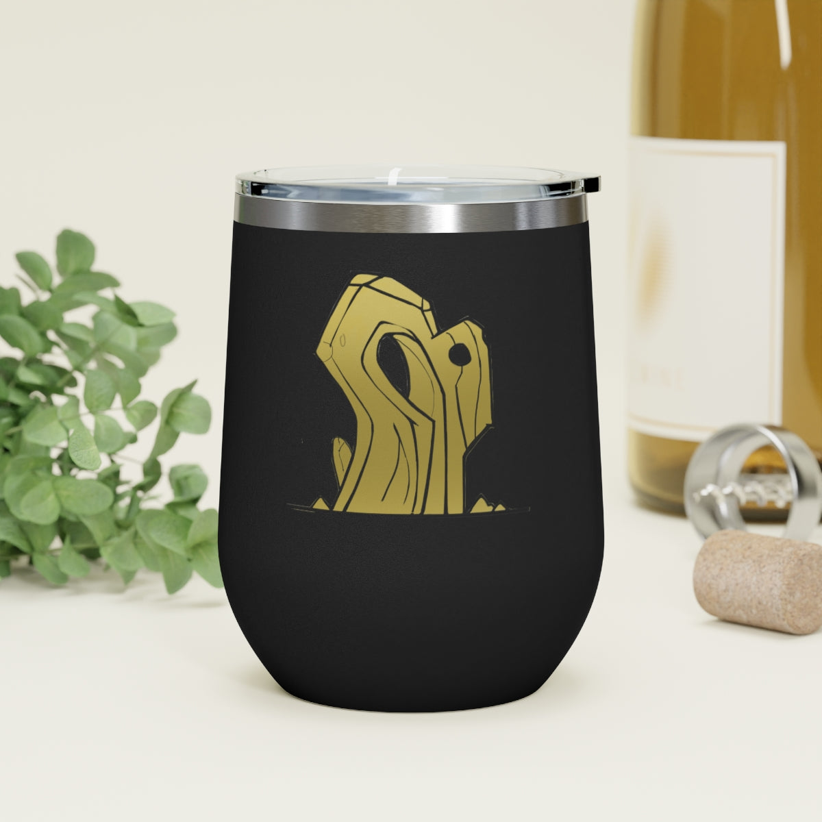 Rock 12oz Insulated Wine Tumbler in stainless steel with a clear lid, showcasing a stylish design for hot and cold beverages.