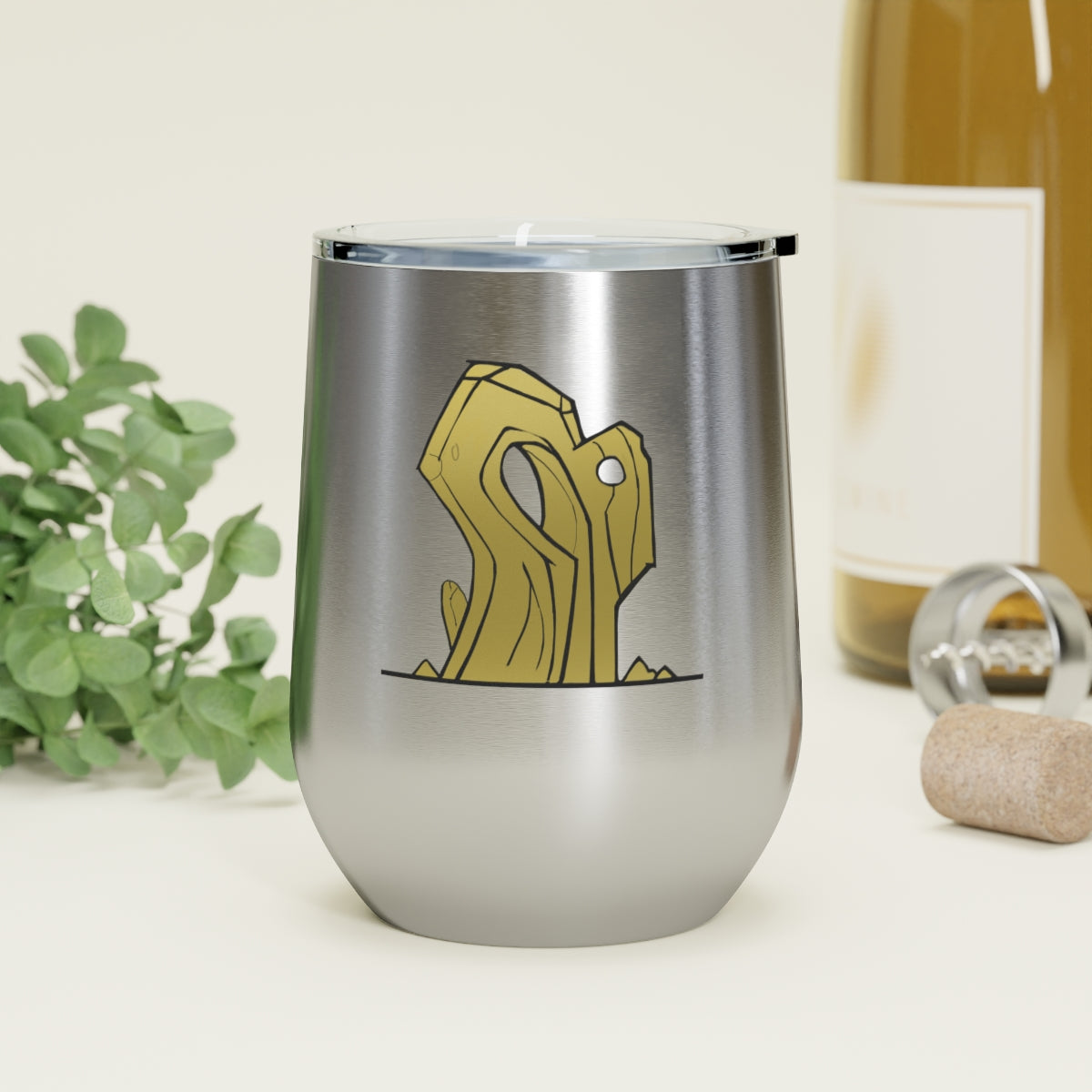 Rock 12oz Insulated Wine Tumbler in stainless steel with a clear lid, showcasing a stylish design for hot and cold beverages.