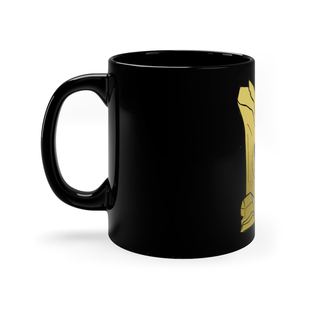 A sleek black ceramic mug with a C-handle, perfect for coffee, tea, or hot chocolate, showcasing its 11oz capacity.