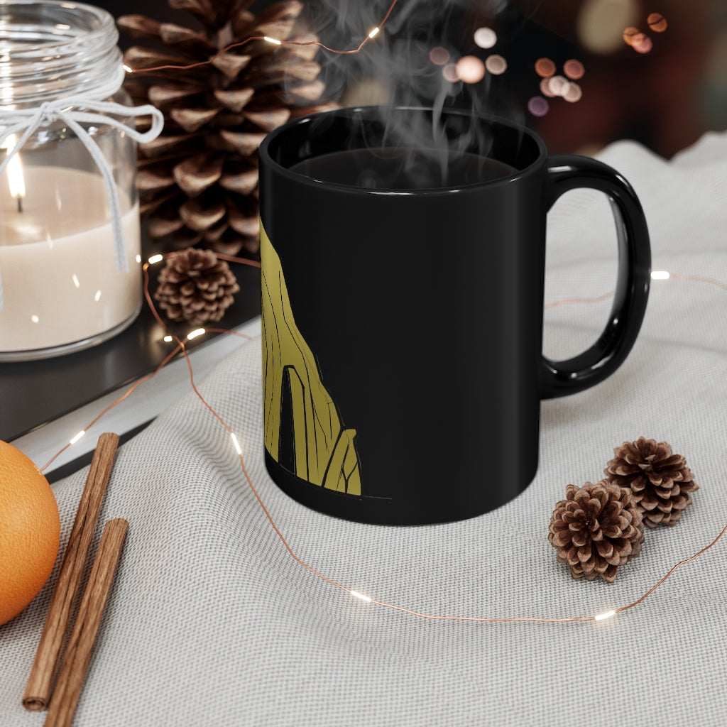 Rock 11oz black ceramic mug with a sleek design, perfect for coffee, tea, or hot chocolate, featuring a comfortable C-handle.