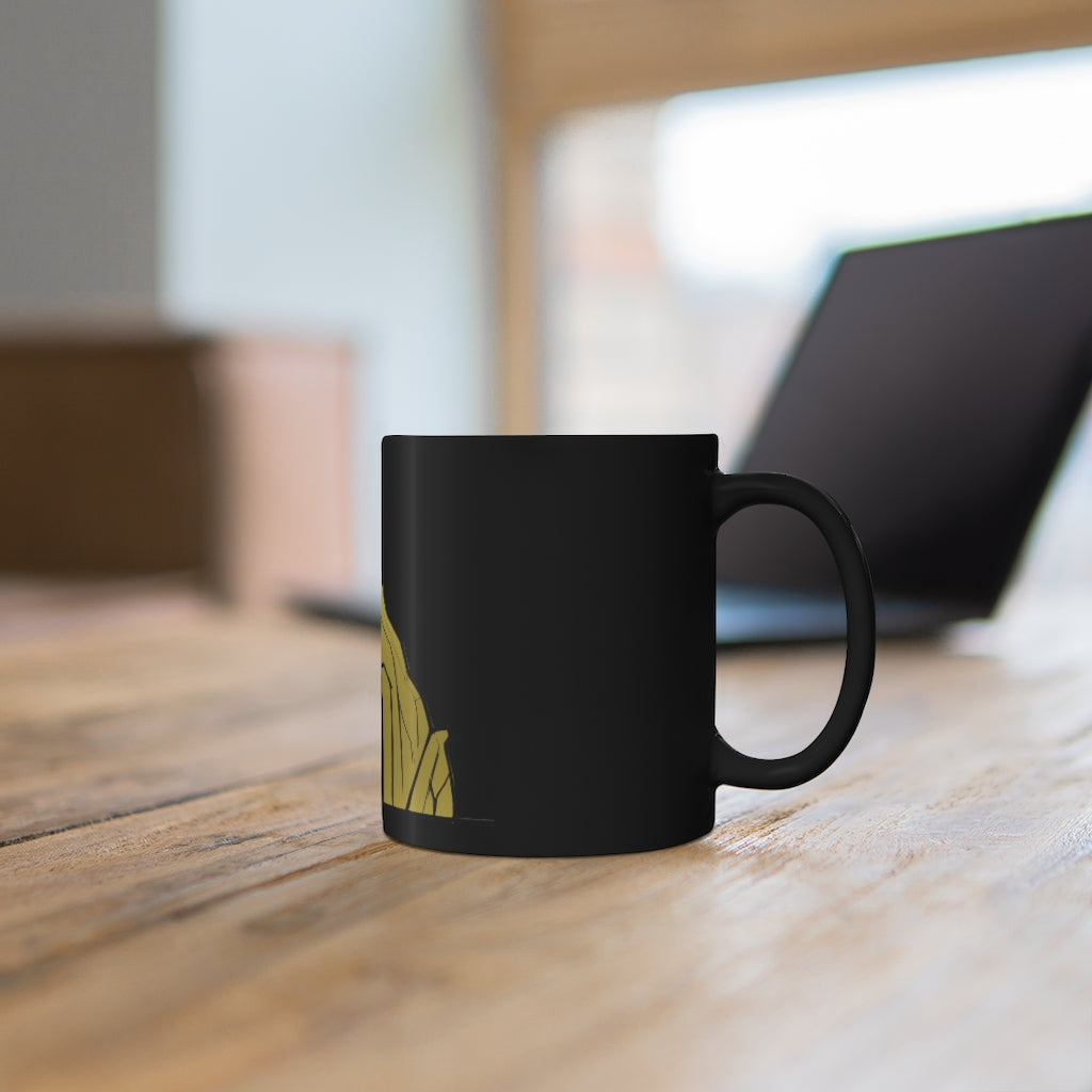 Rock 11oz black ceramic mug with a sleek design, perfect for coffee, tea, or hot chocolate, featuring a comfortable C-handle.