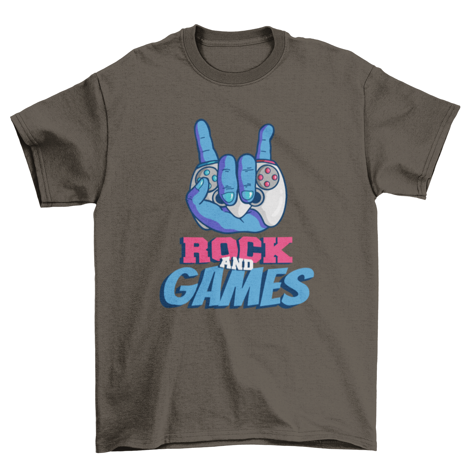 Rock and games t-shirt featuring a hand making the sign of the horns while holding a video game controller.