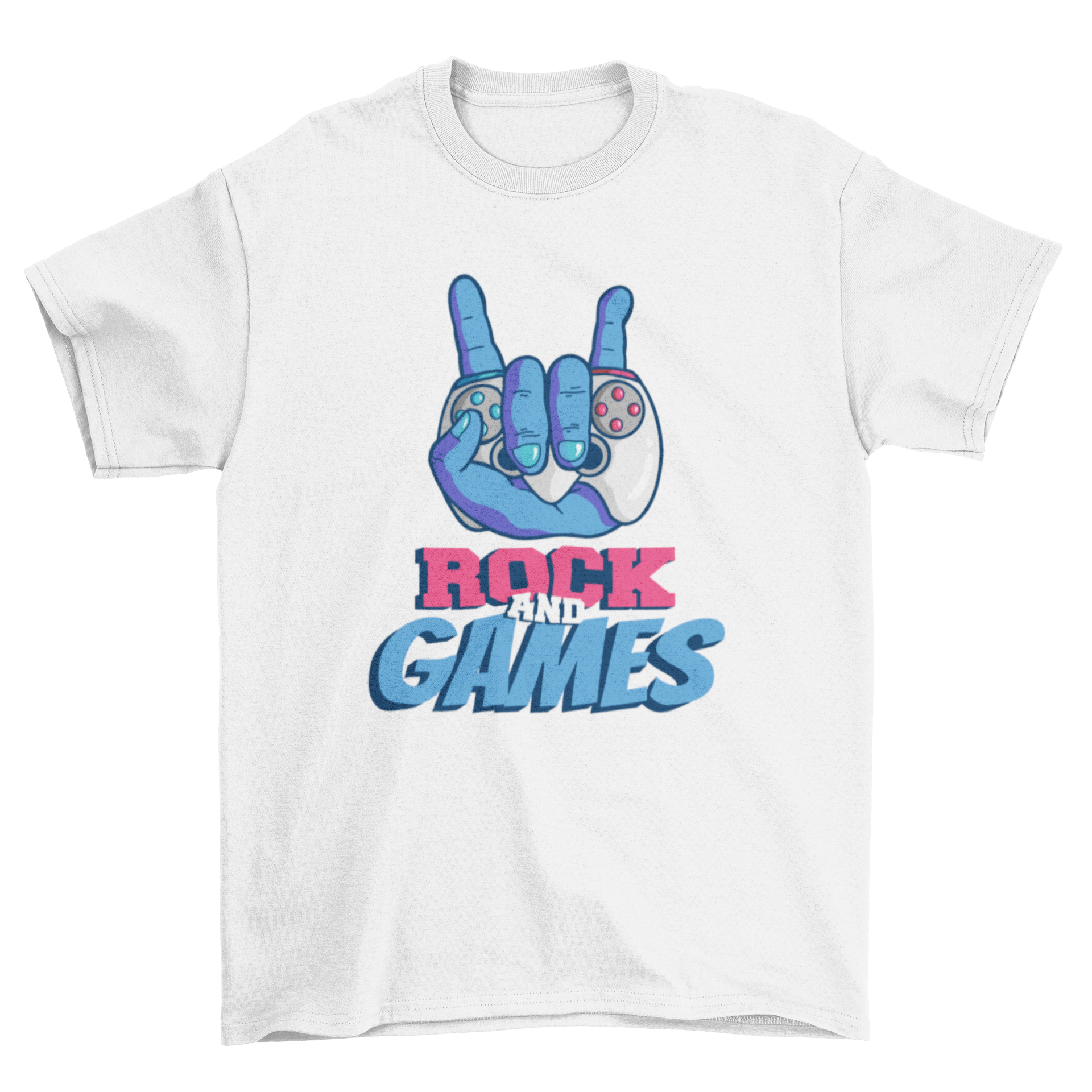 Rock and games t-shirt featuring a hand making the sign of the horns while holding a video game controller.