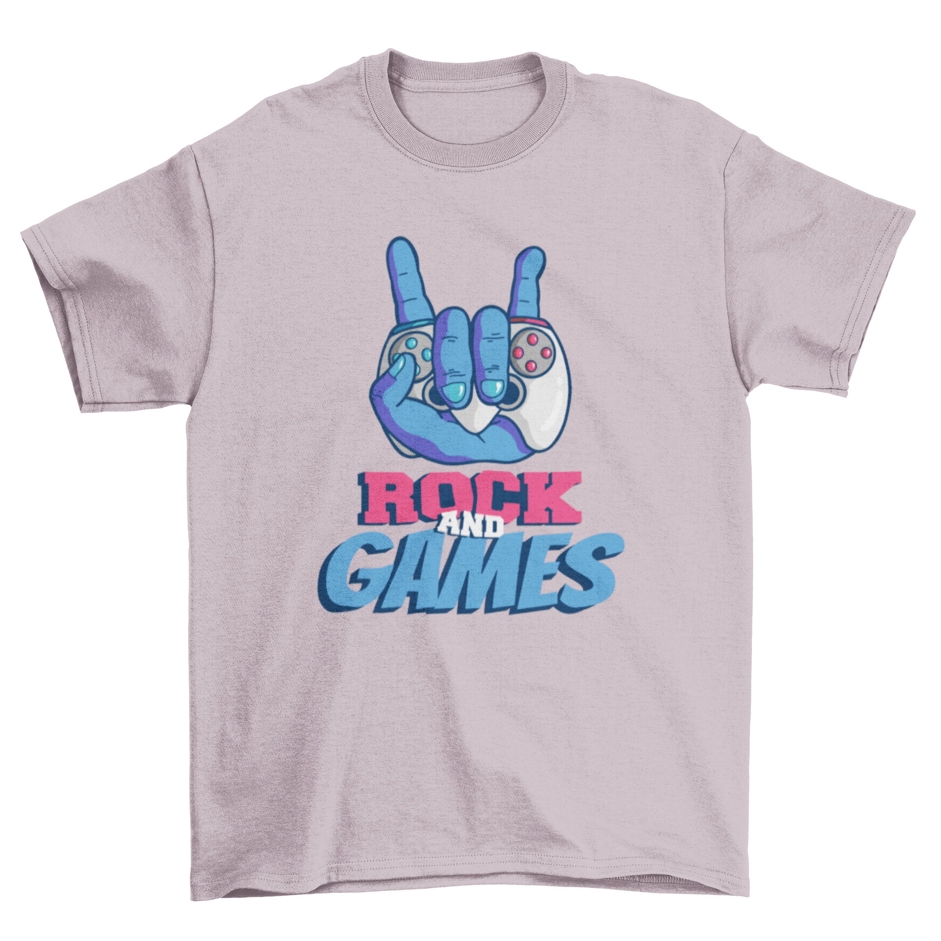 Rock and games t-shirt featuring a hand making the sign of the horns while holding a video game controller.