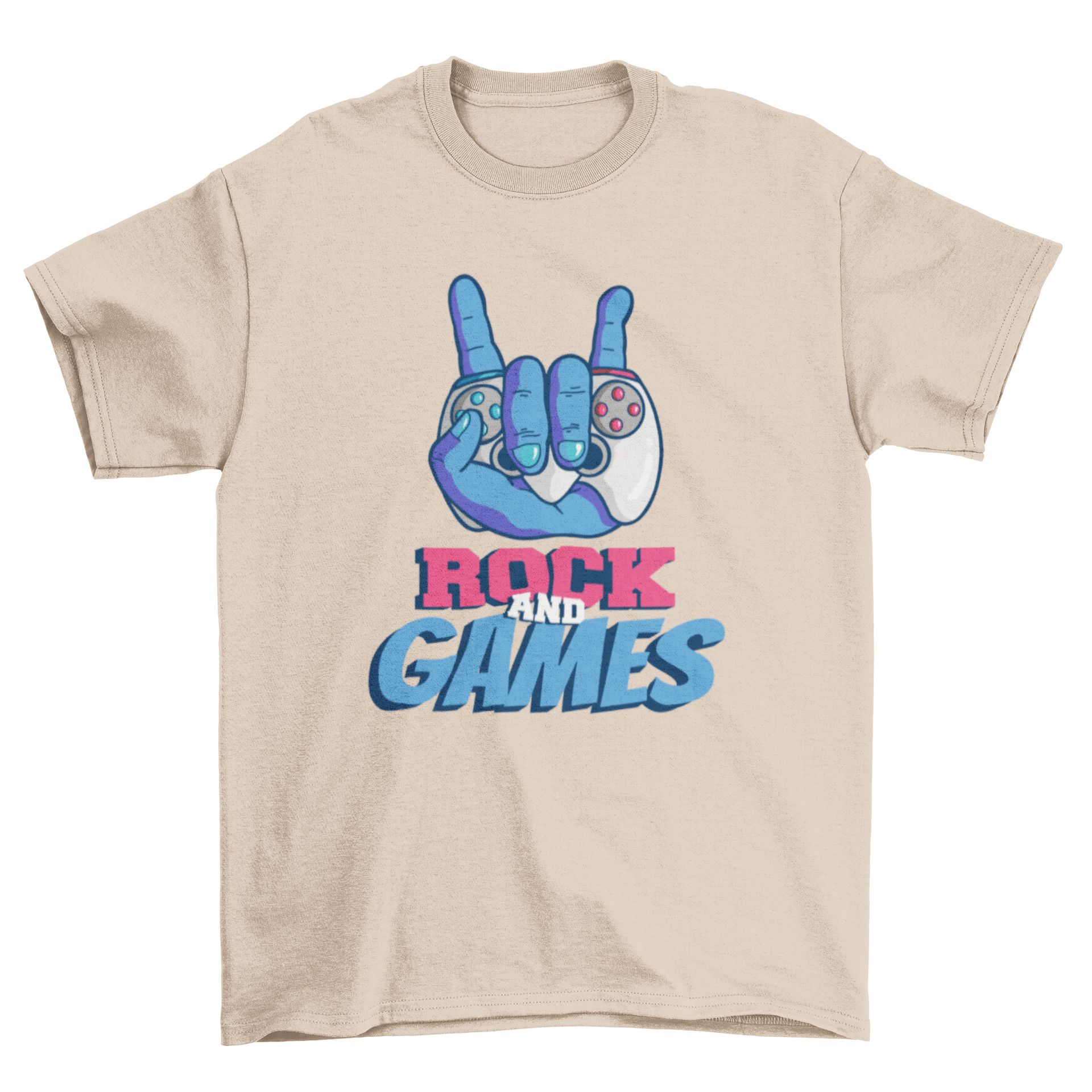 Rock and games t-shirt featuring a hand making the sign of the horns while holding a video game controller.