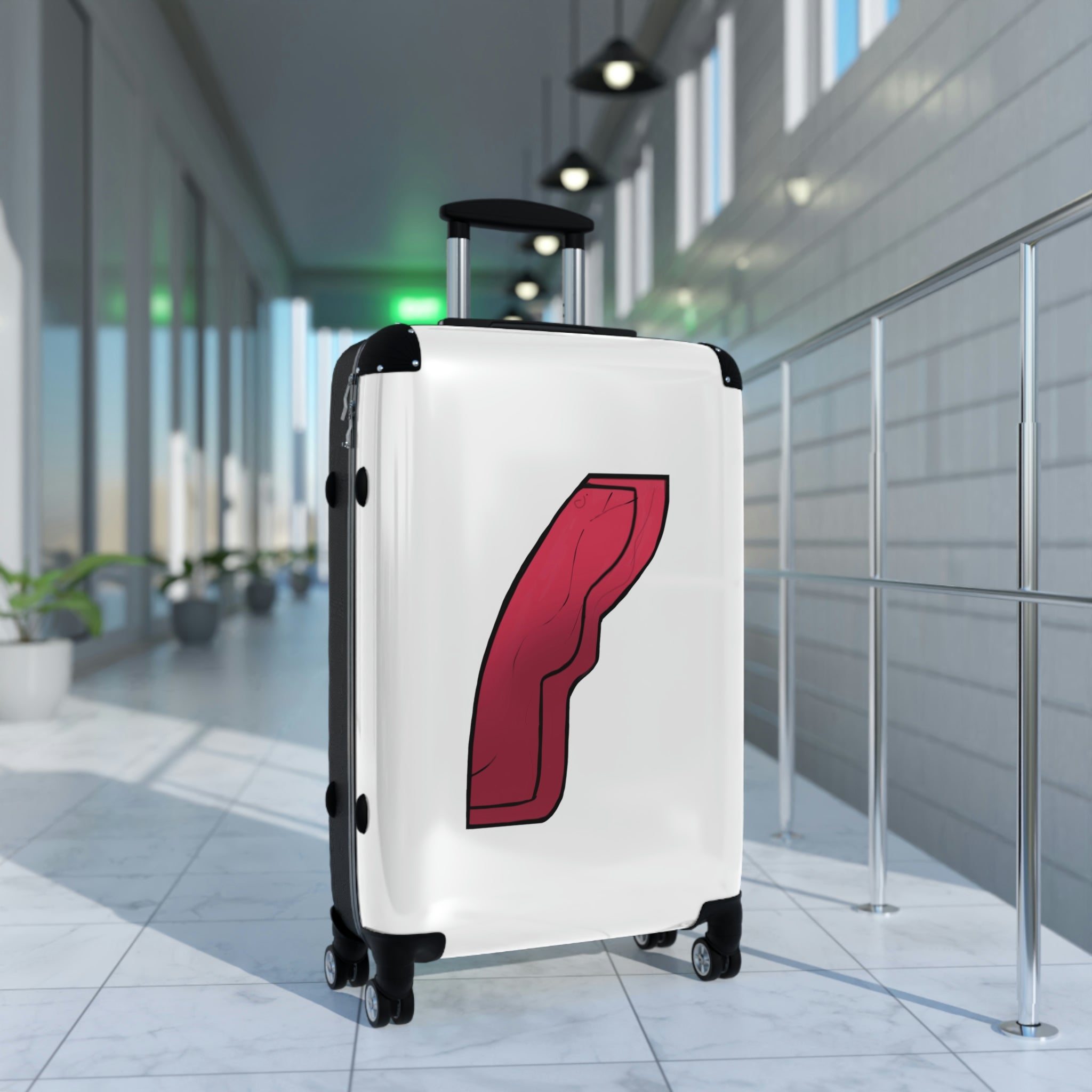 Rock Cabin Suitcase featuring a personalized design, lightweight polycarbonate front, and ABS back, with adjustable handle and 360° swivel wheels.