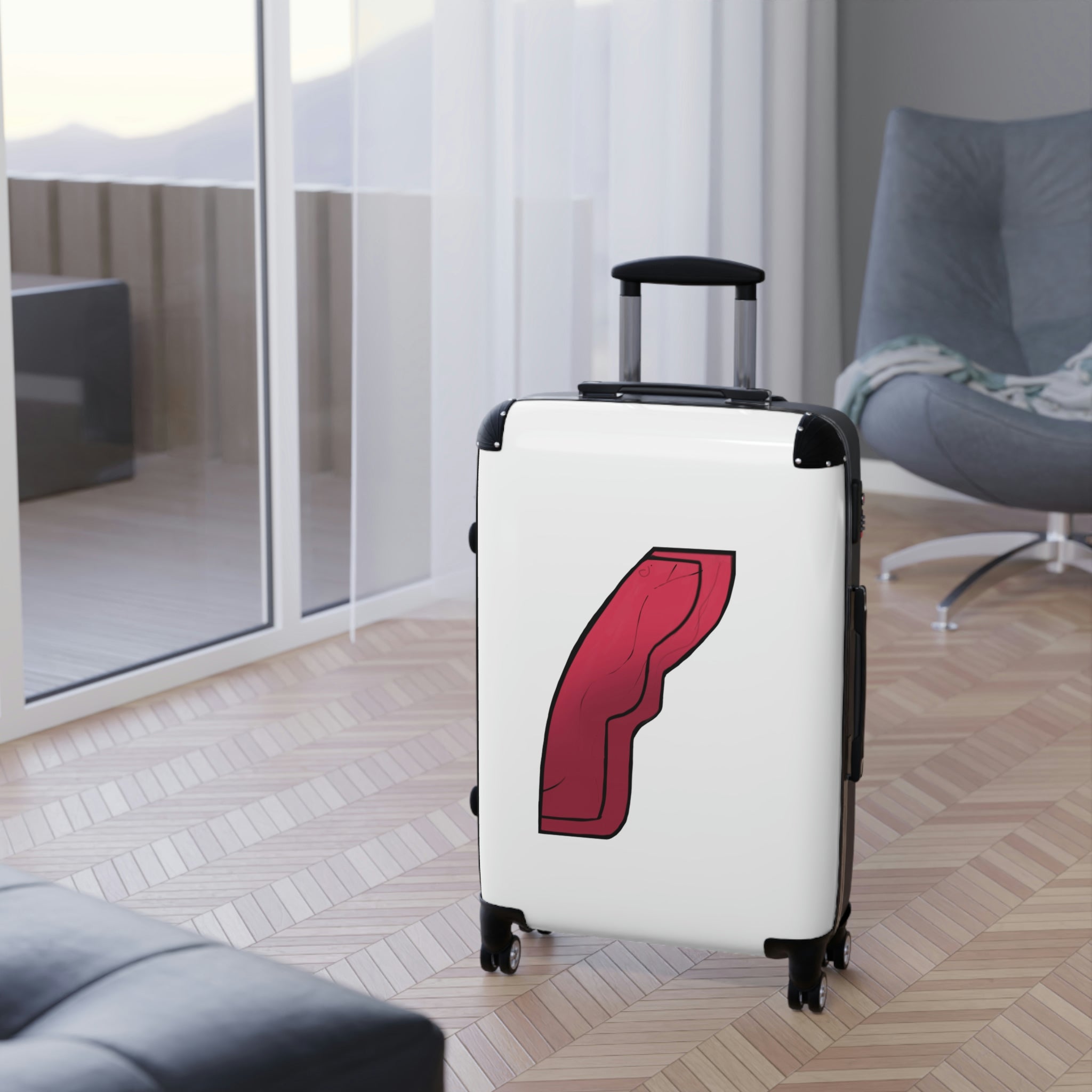 Rock Cabin Suitcase featuring a personalized design, lightweight polycarbonate front, and ABS back, with adjustable handle and 360° swivel wheels.