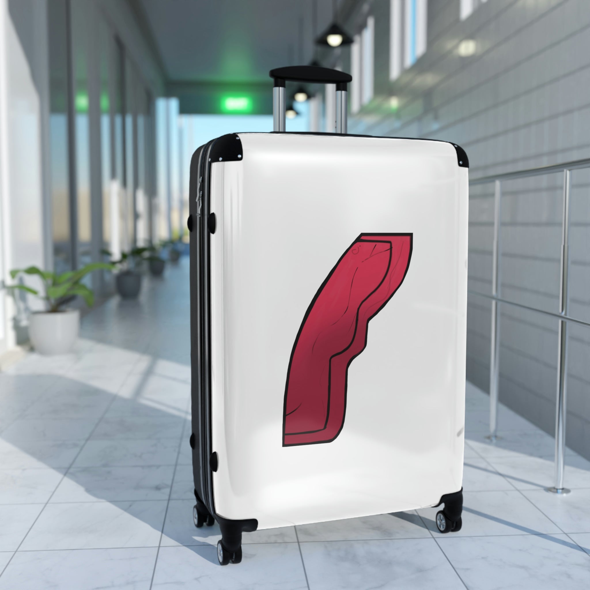 Rock Cabin Suitcase featuring a personalized design, lightweight polycarbonate front, and ABS back, with adjustable handle and 360° swivel wheels.