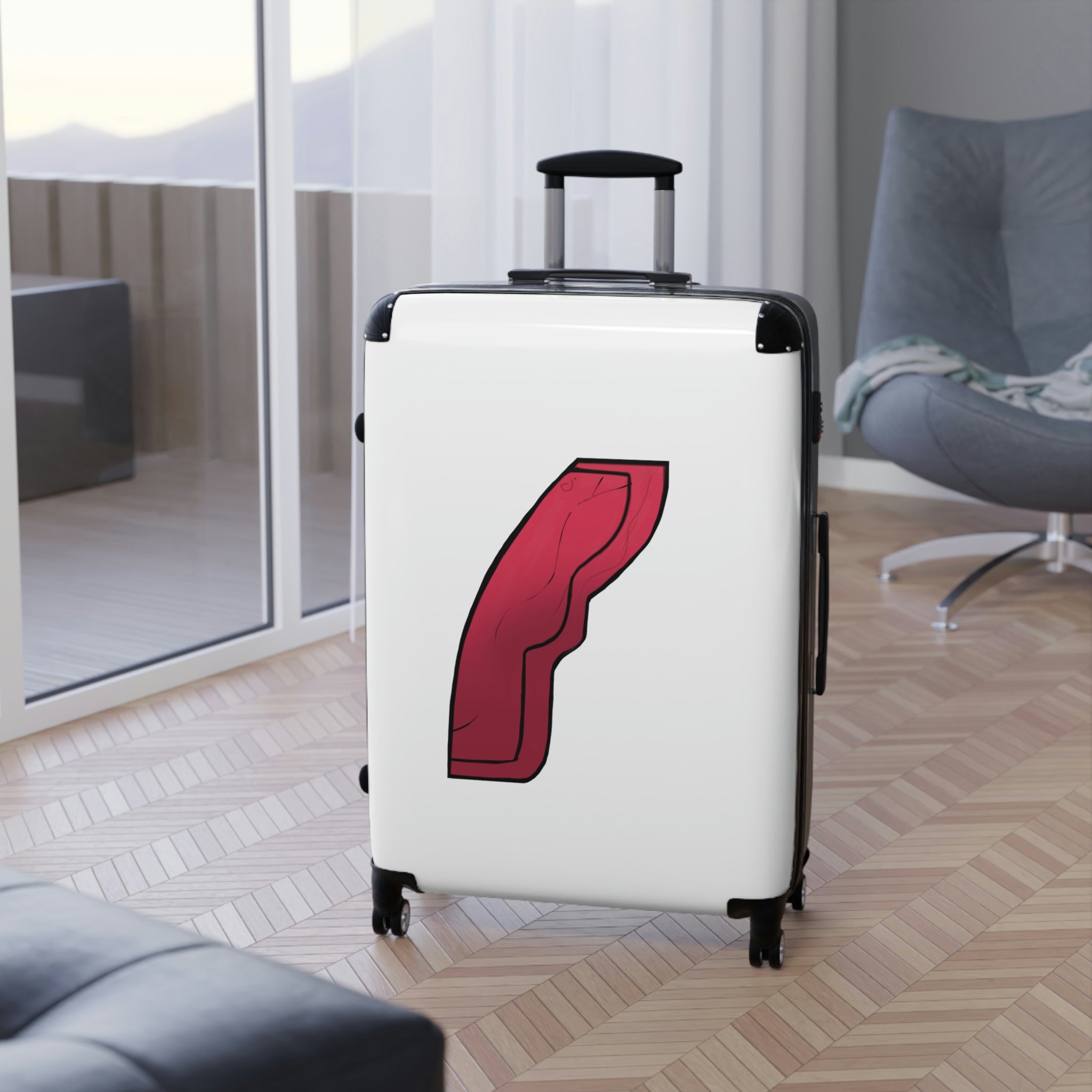 Rock Cabin Suitcase featuring a personalized design, lightweight polycarbonate front, and ABS back, with adjustable handle and 360° swivel wheels.