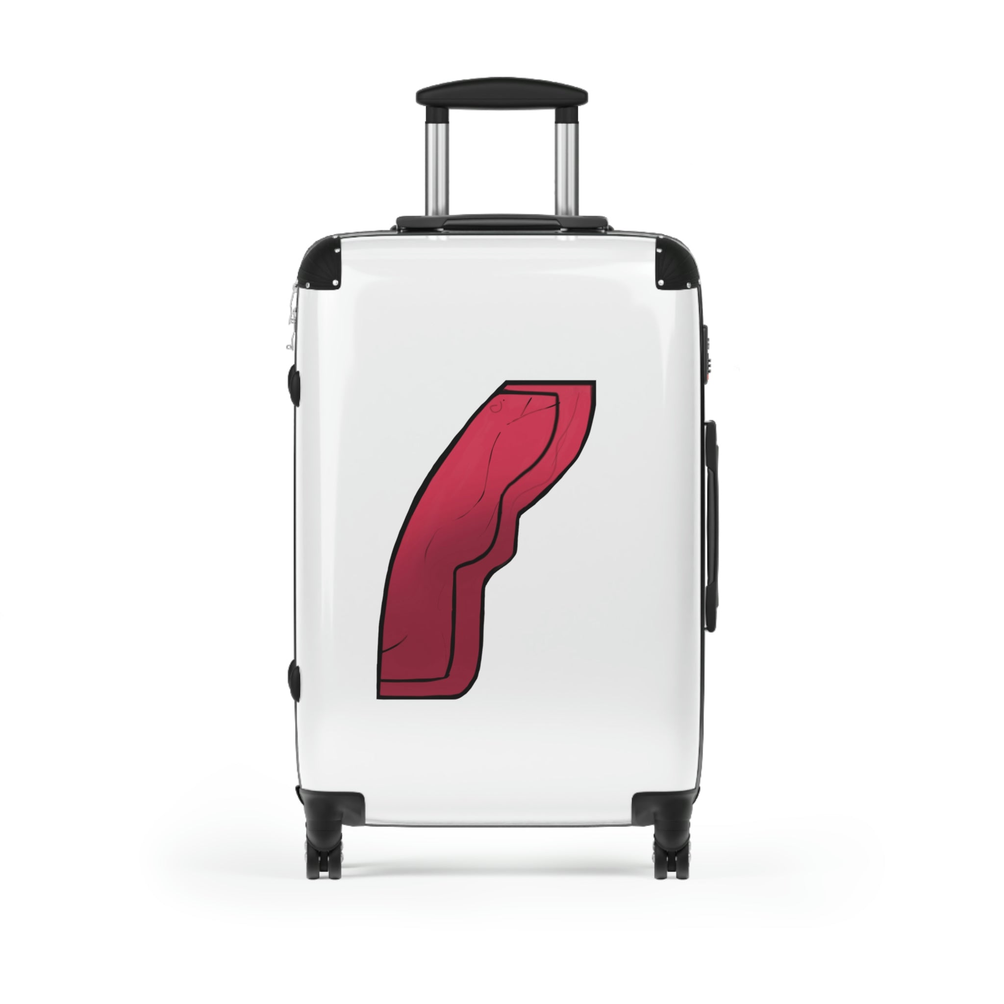 Rock Cabin Suitcase featuring a personalized design, lightweight polycarbonate front, and ABS back, with adjustable handle and 360° swivel wheels.