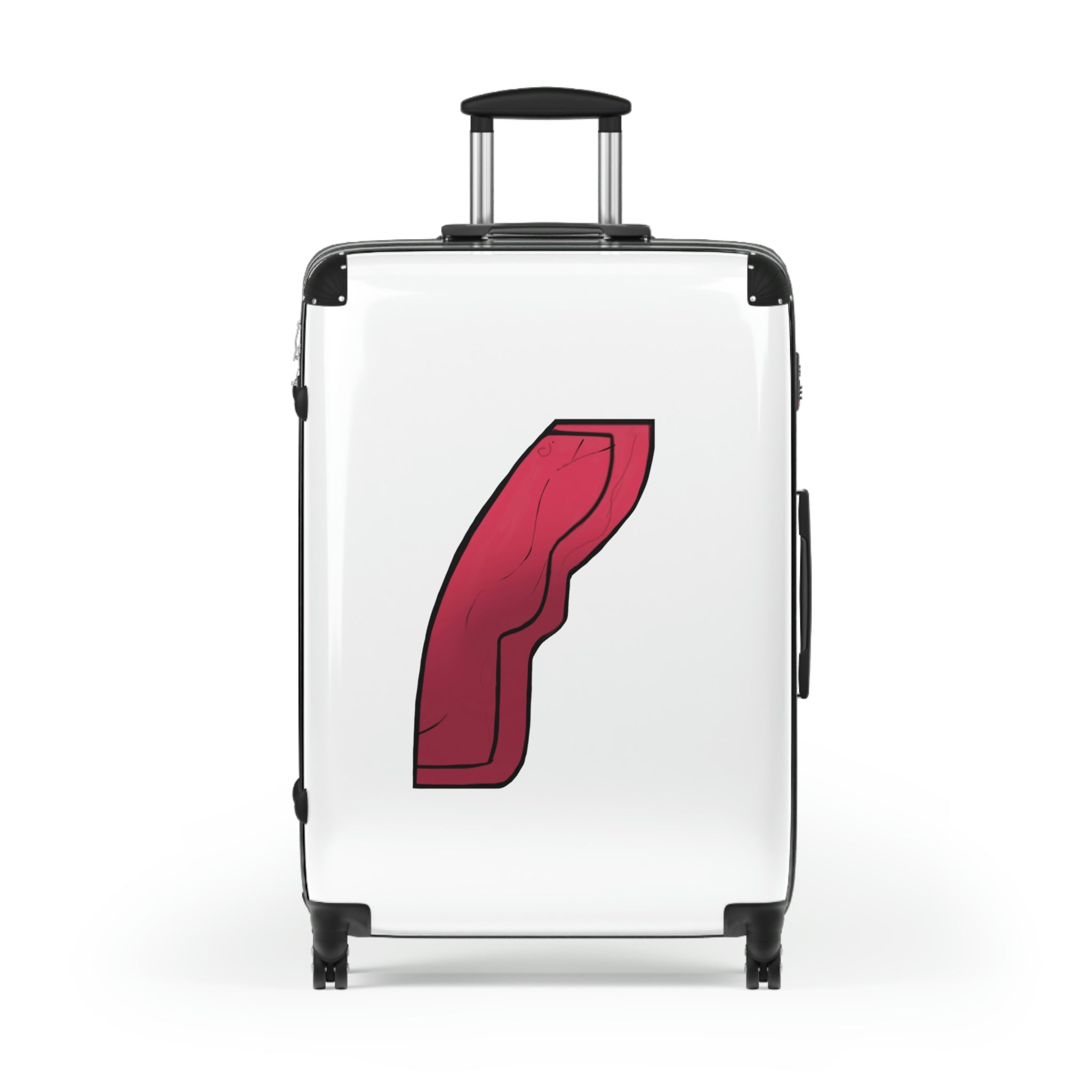 Rock Cabin Suitcase featuring a personalized design, lightweight polycarbonate front, and ABS back, with adjustable handle and 360° swivel wheels.