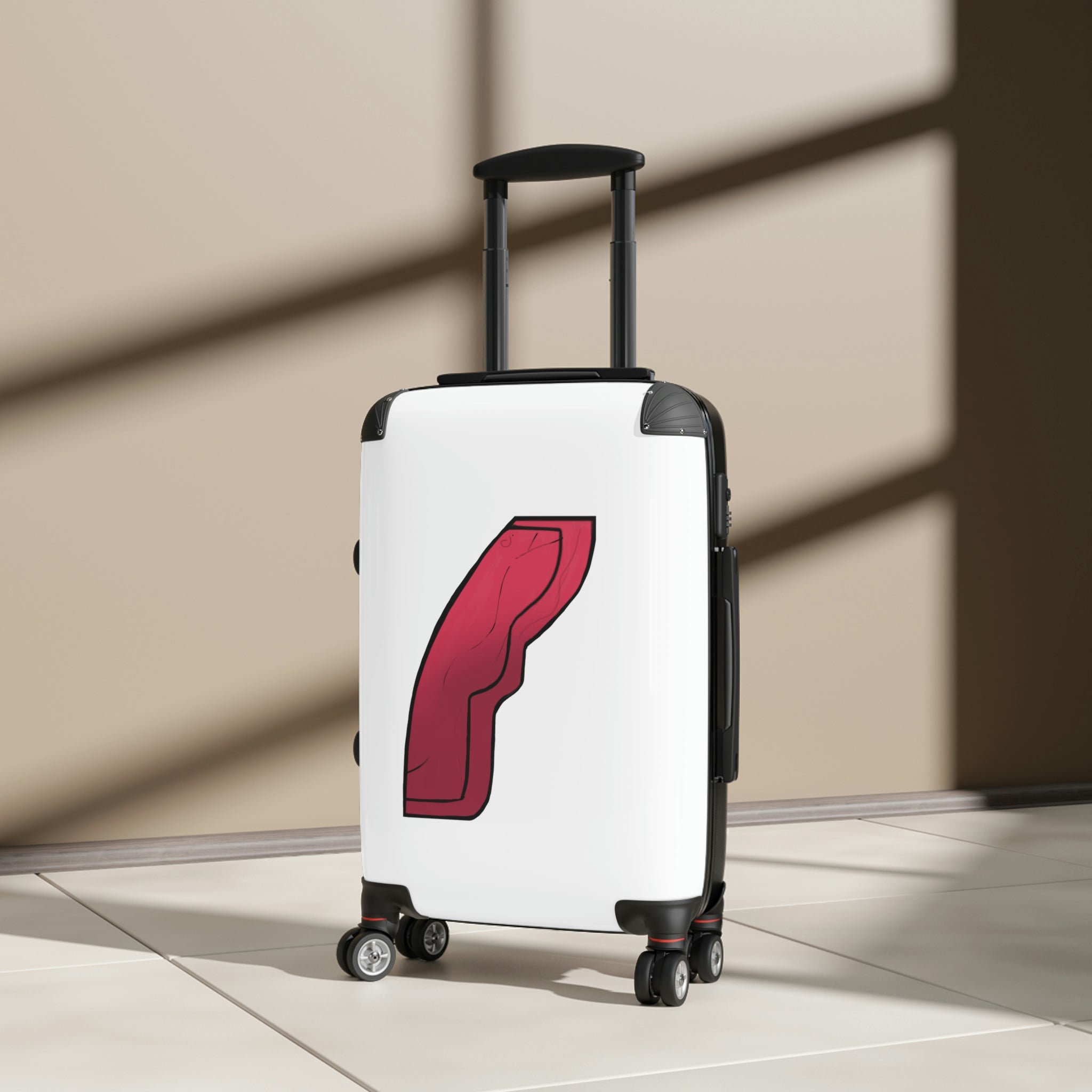 Rock Cabin Suitcase featuring a personalized design, lightweight polycarbonate front, and ABS back, with adjustable handle and 360° swivel wheels.