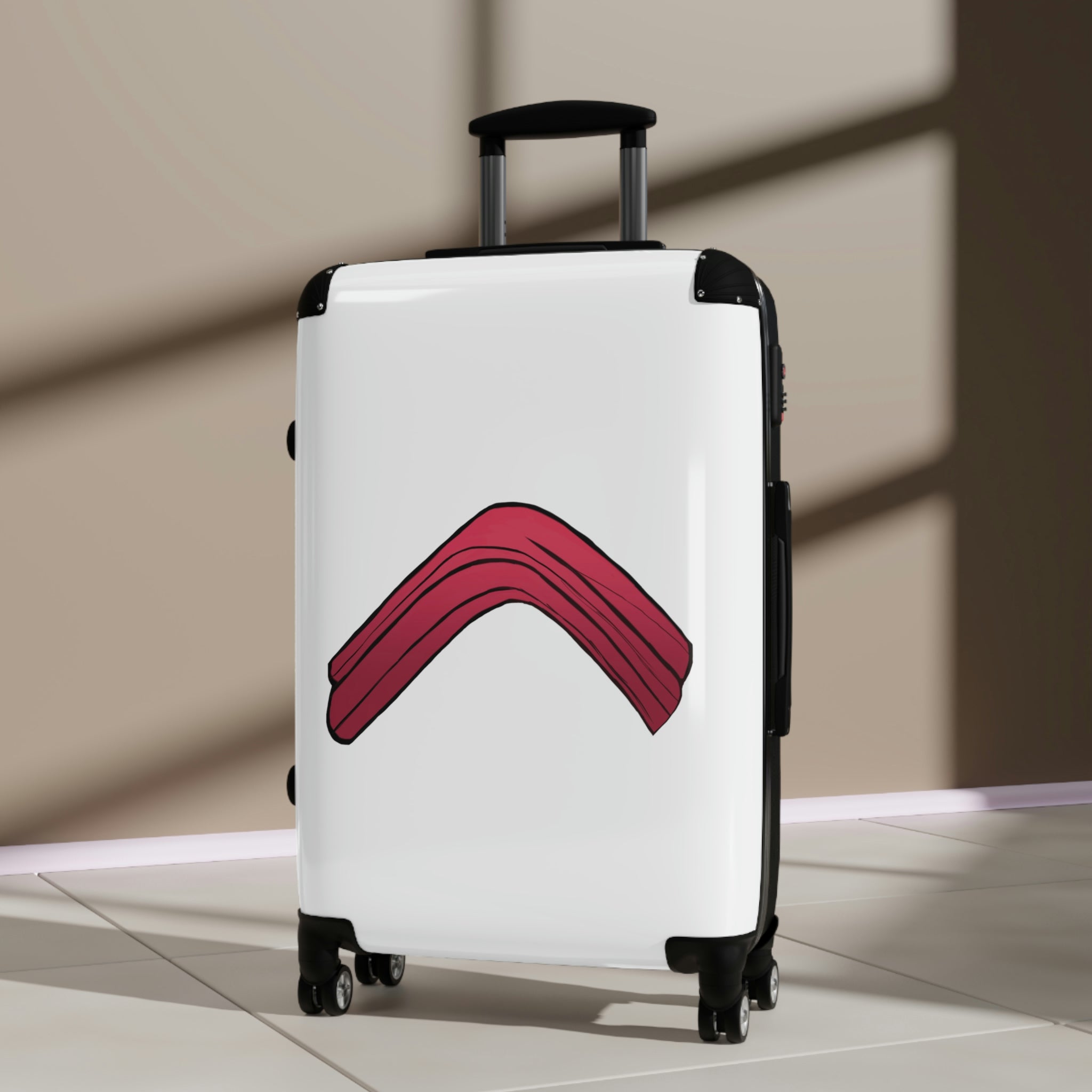 Rock Cabin Suitcase featuring a personalized design, lightweight polycarbonate shell, and adjustable handle.