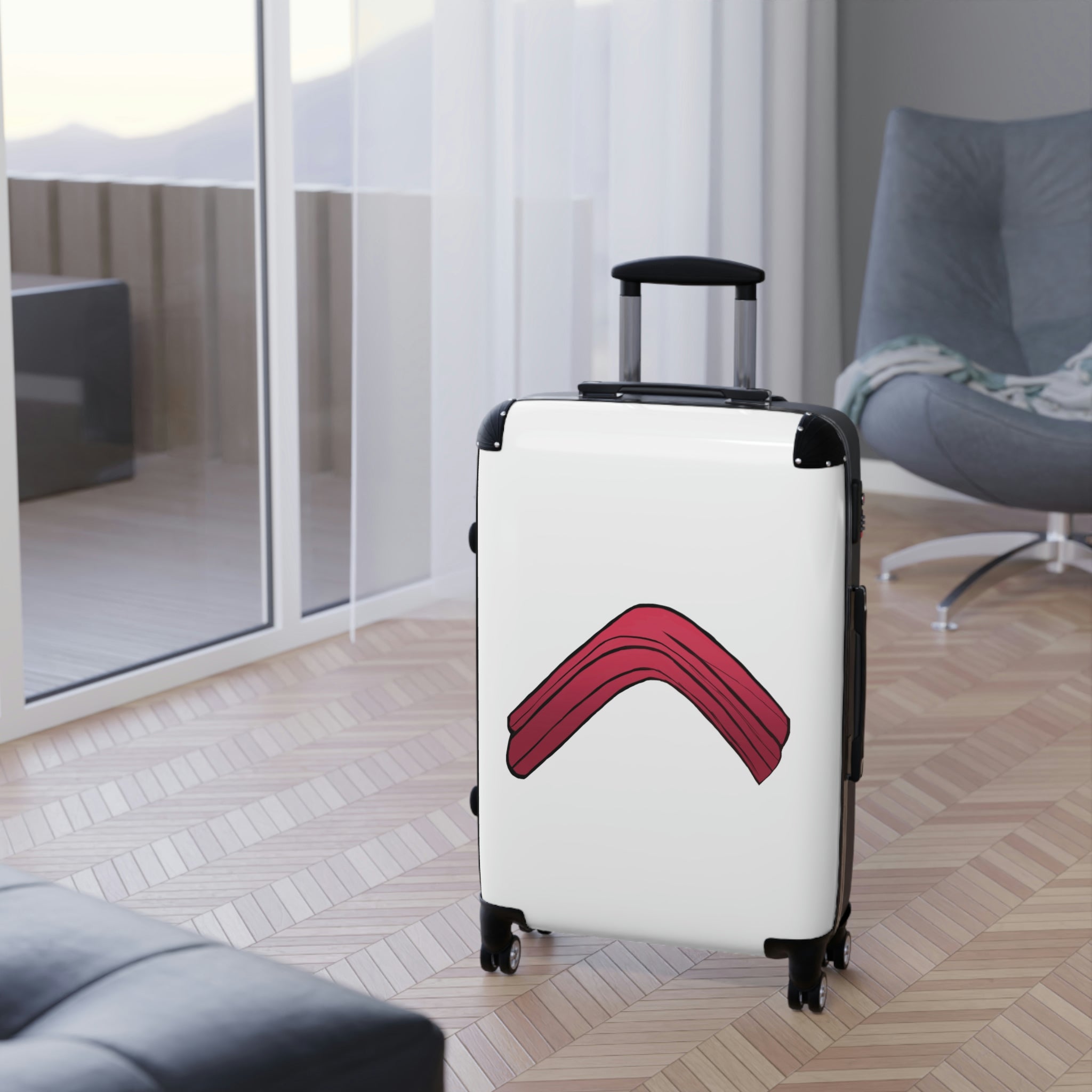 Rock Cabin Suitcase featuring a personalized design, lightweight polycarbonate shell, and adjustable handle.