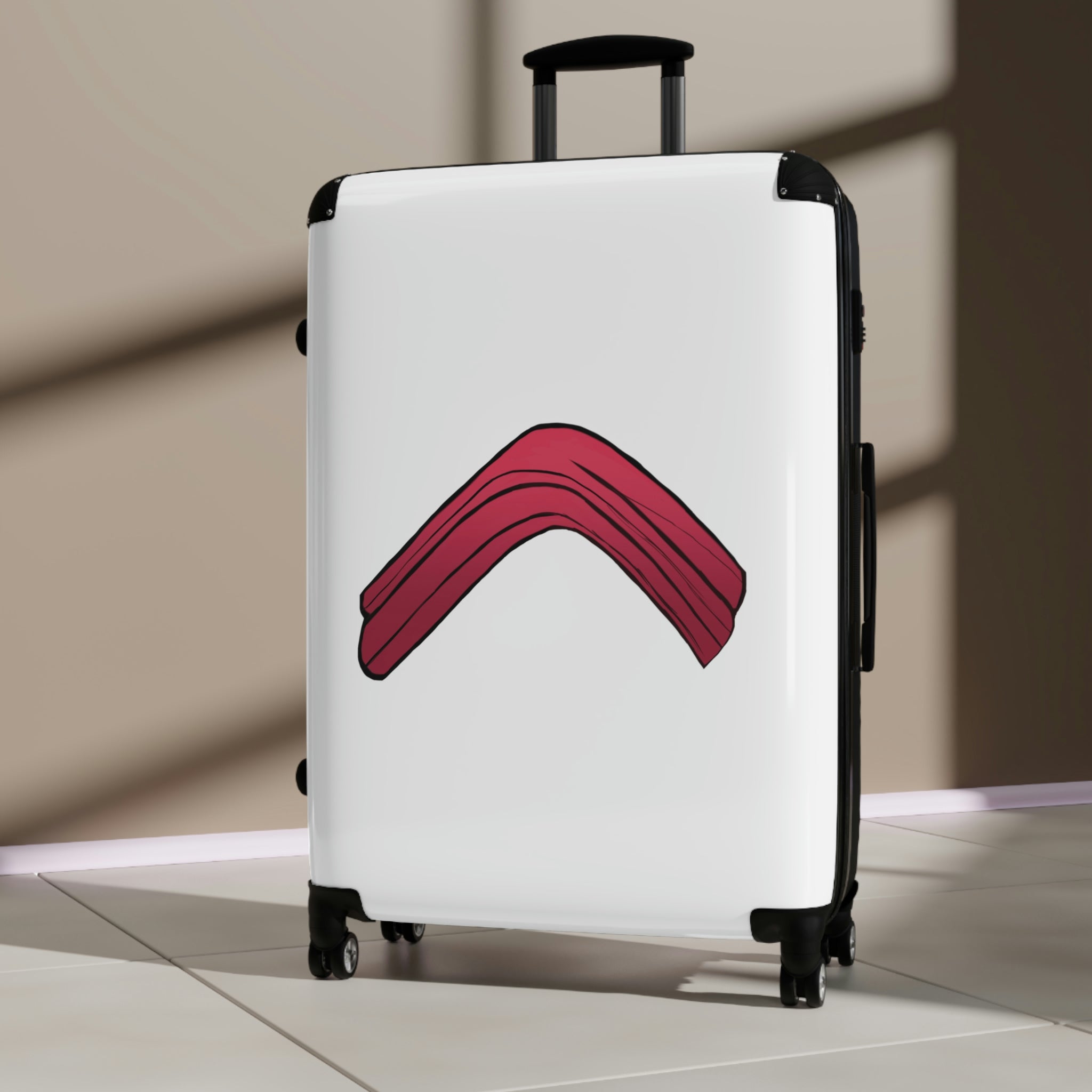 Rock Cabin Suitcase featuring a personalized design, lightweight polycarbonate shell, and adjustable handle.