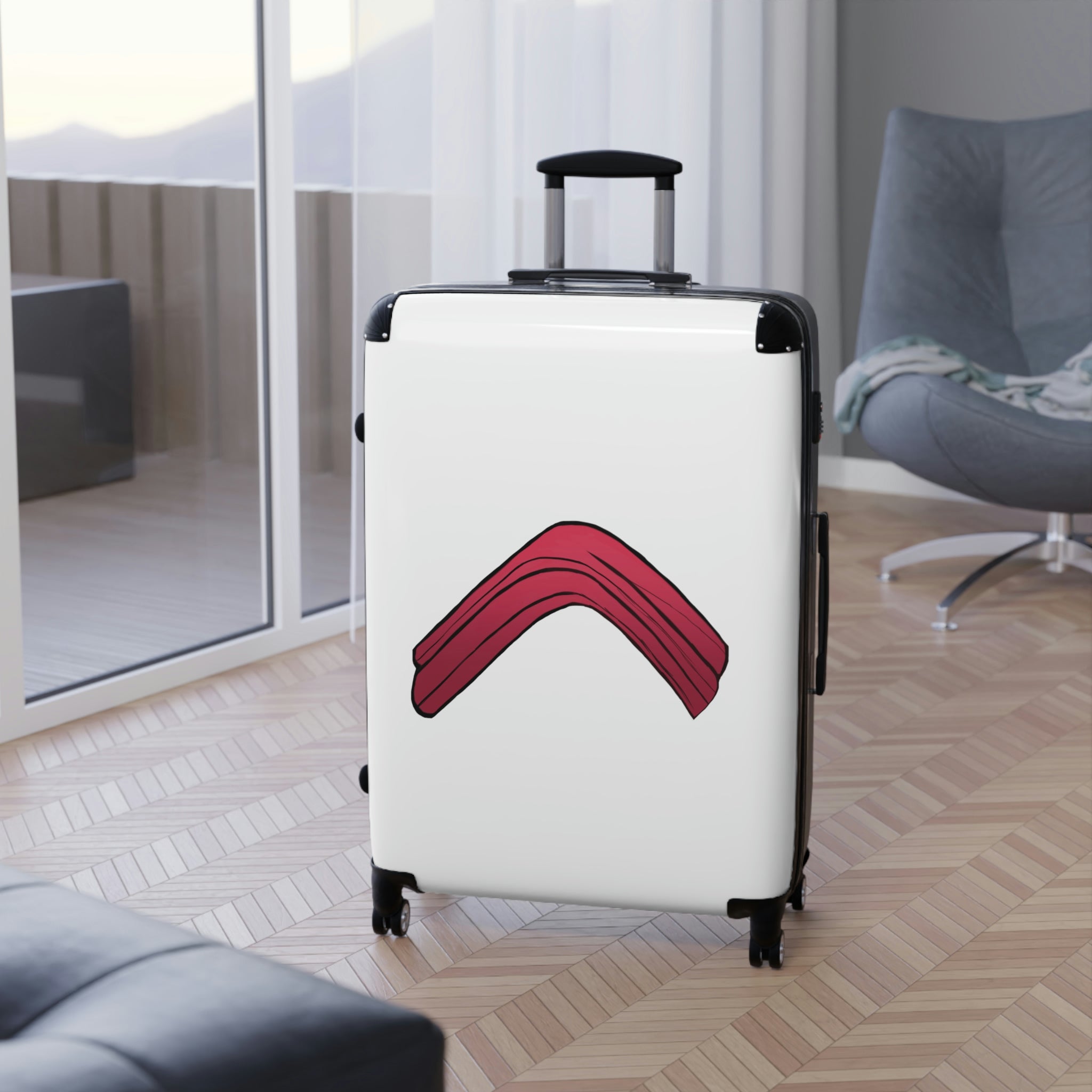 Rock Cabin Suitcase featuring a personalized design, lightweight polycarbonate shell, and adjustable handle.