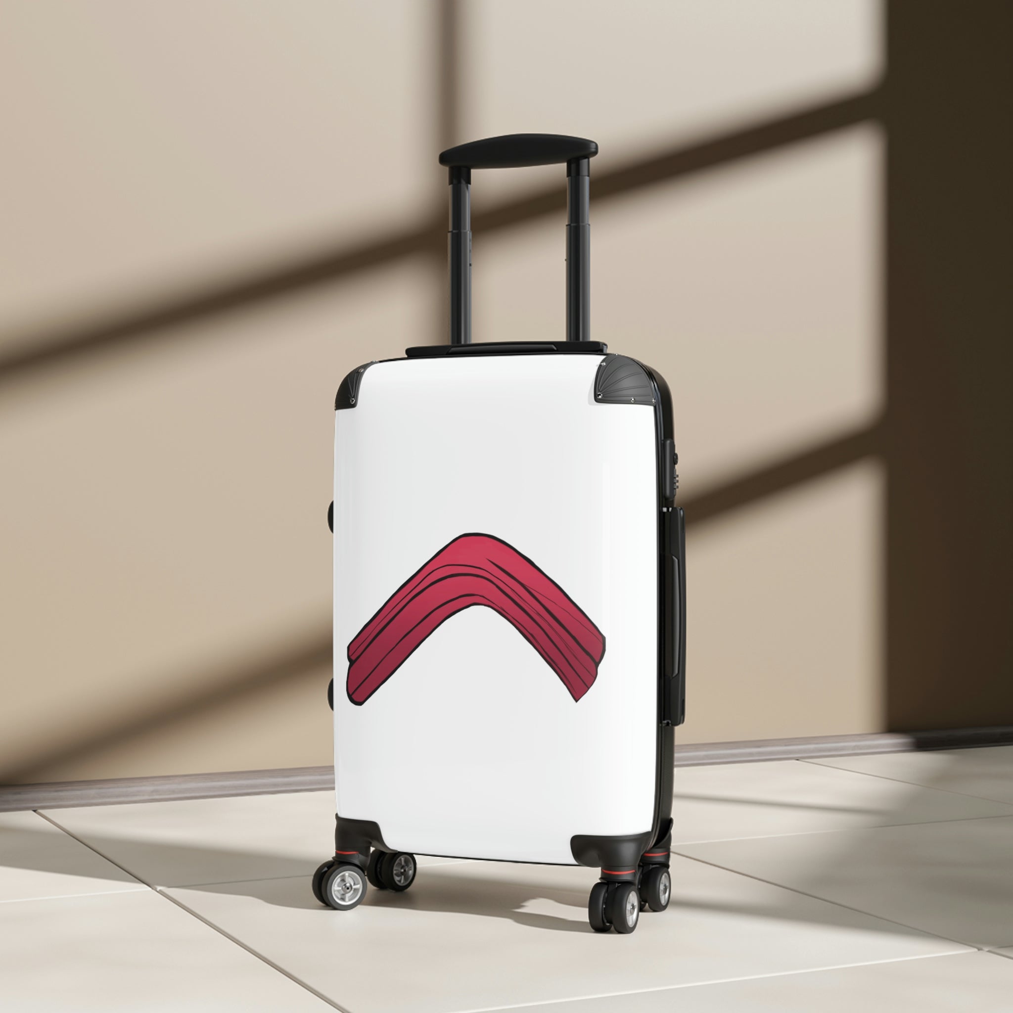 Rock Cabin Suitcase featuring a personalized design, lightweight polycarbonate shell, and adjustable handle.