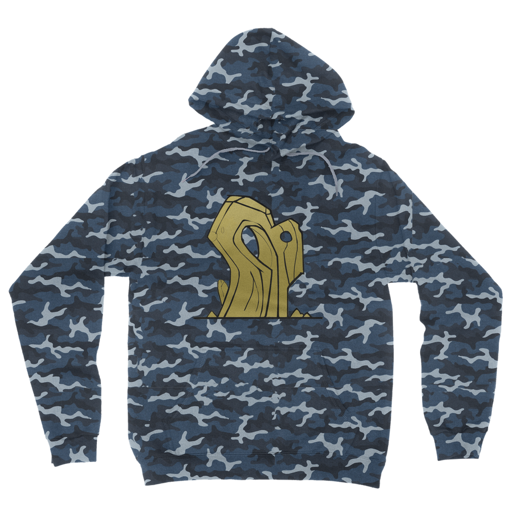 Rock Camouflage Adult Hoodie featuring an all-over camo design, kangaroo pouch pocket, and double fabric hood, perfect for casual wear.