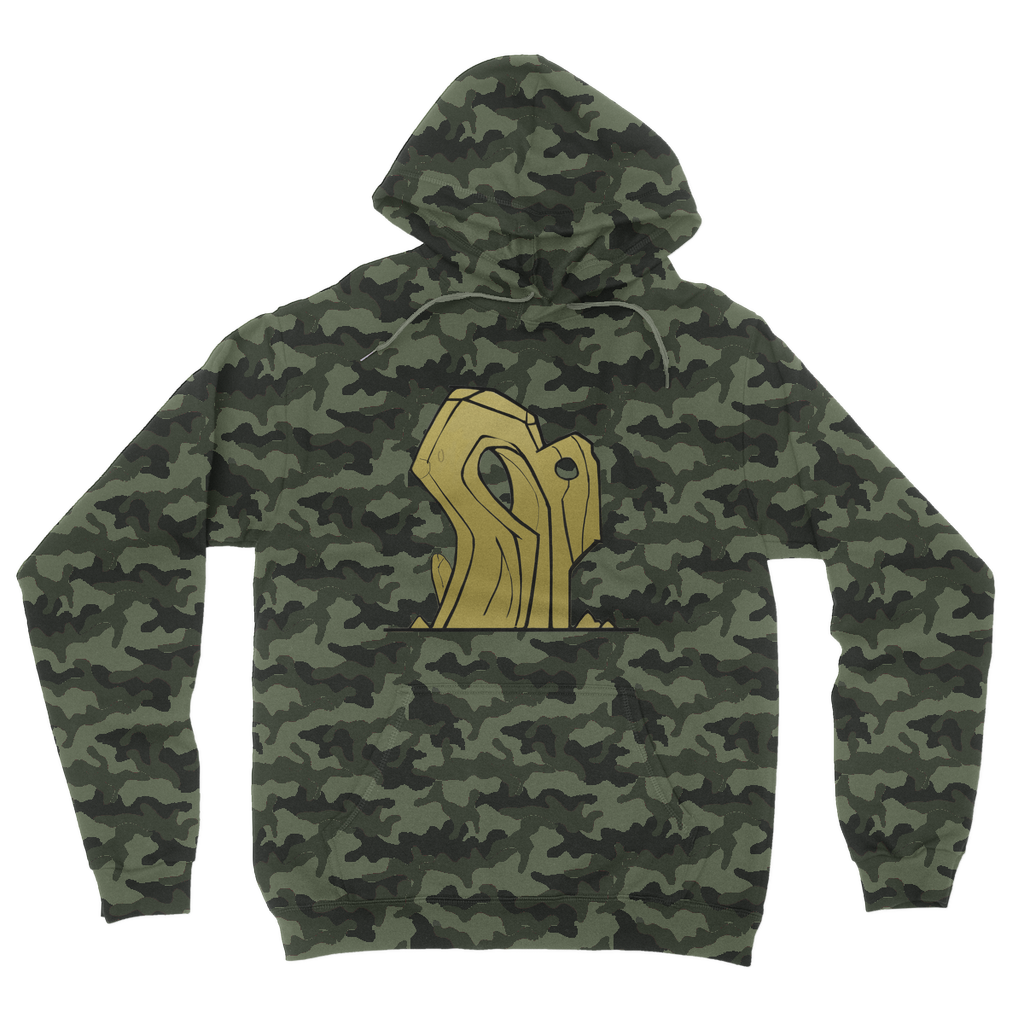 Rock Camouflage Adult Hoodie featuring an all-over camo design, kangaroo pouch pocket, and double fabric hood, perfect for casual wear.