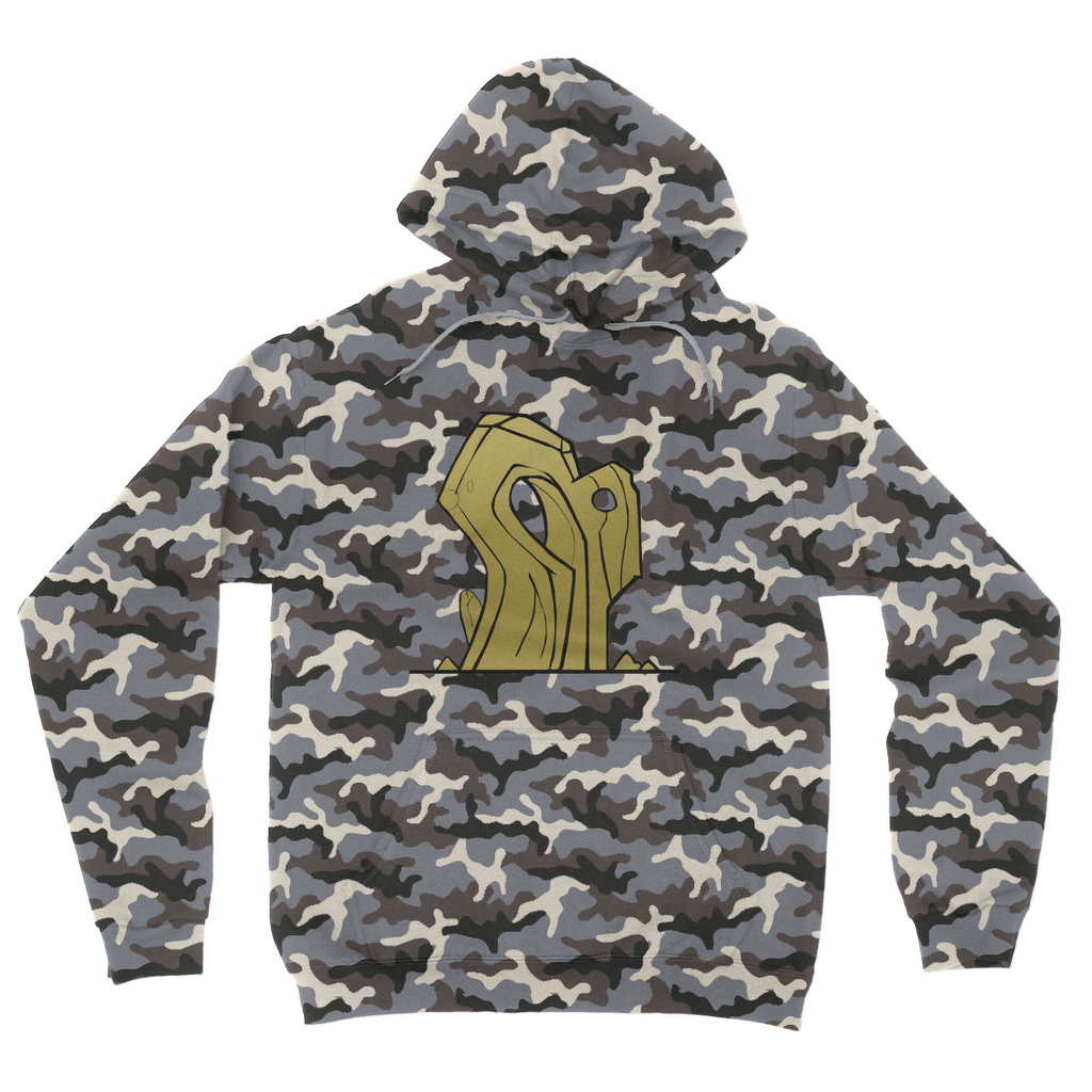 Rock Camouflage Adult Hoodie featuring an all-over camo design, kangaroo pouch pocket, and double fabric hood, perfect for casual wear.