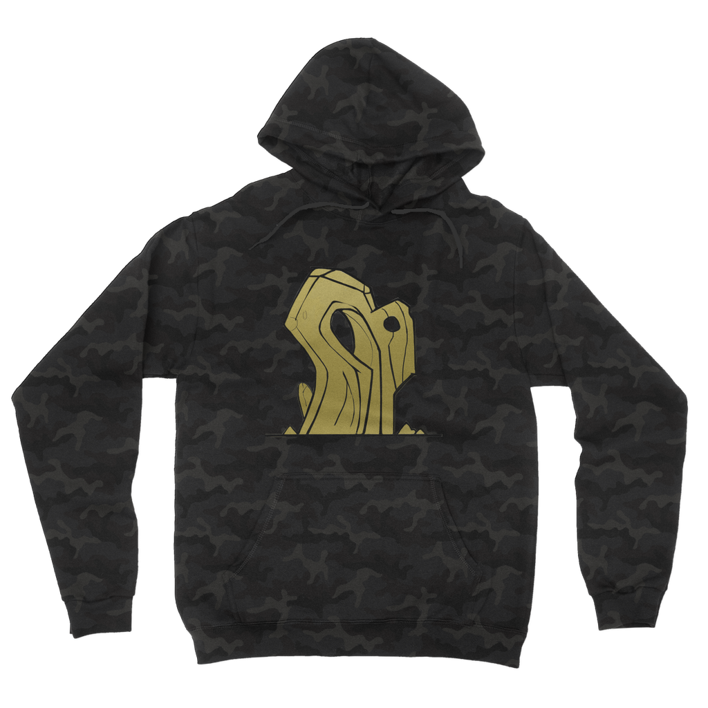 Rock Camouflage Adult Hoodie featuring an all-over camo design, kangaroo pouch pocket, and double fabric hood, perfect for casual wear.