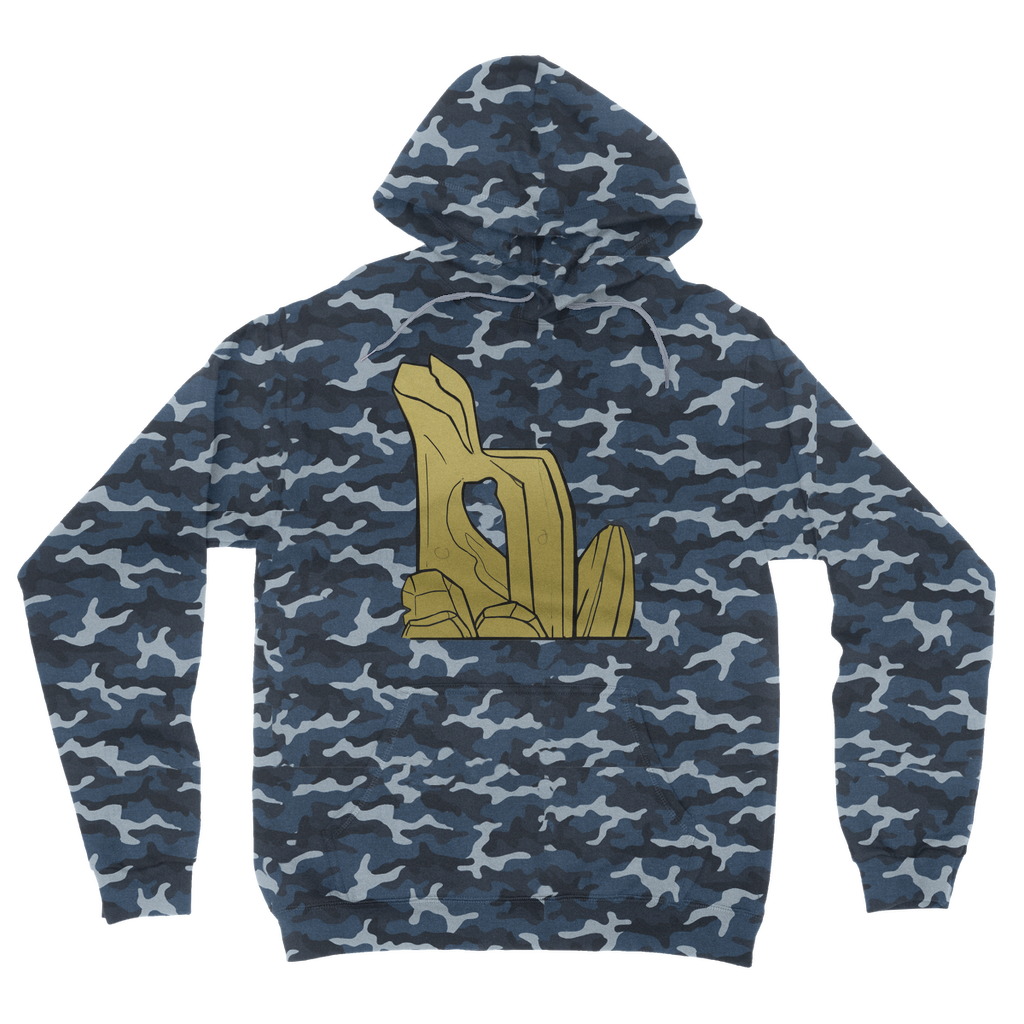 Rock Camouflage Adult Hoodie featuring an all-over camo design, flat lace drawcords, and a kangaroo pouch pocket, perfect for casual wear.