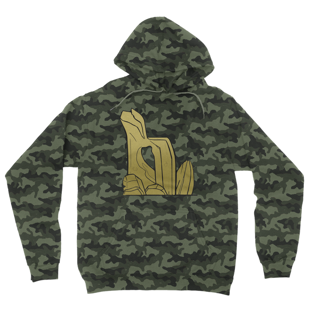 Rock Camouflage Adult Hoodie featuring an all-over camo design, flat lace drawcords, and a kangaroo pouch pocket, perfect for casual wear.