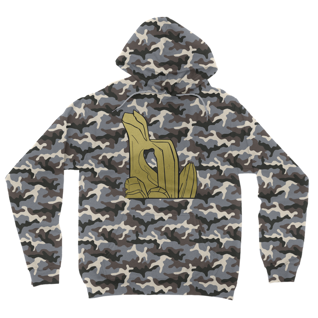 Rock Camouflage Adult Hoodie featuring an all-over camo design, flat lace drawcords, and a kangaroo pouch pocket, perfect for casual wear.