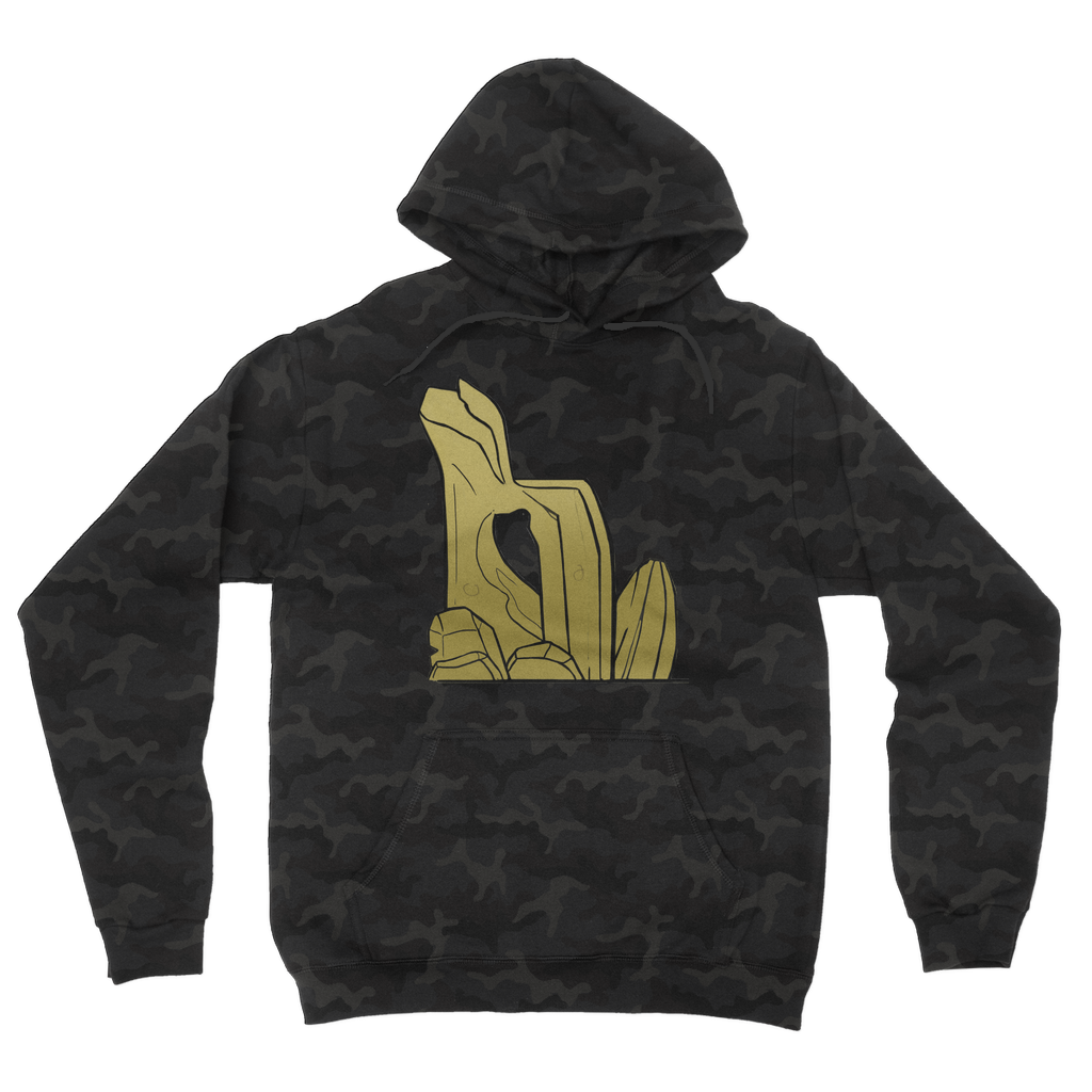 Rock Camouflage Adult Hoodie featuring an all-over camo design, flat lace drawcords, and a kangaroo pouch pocket, perfect for casual wear.