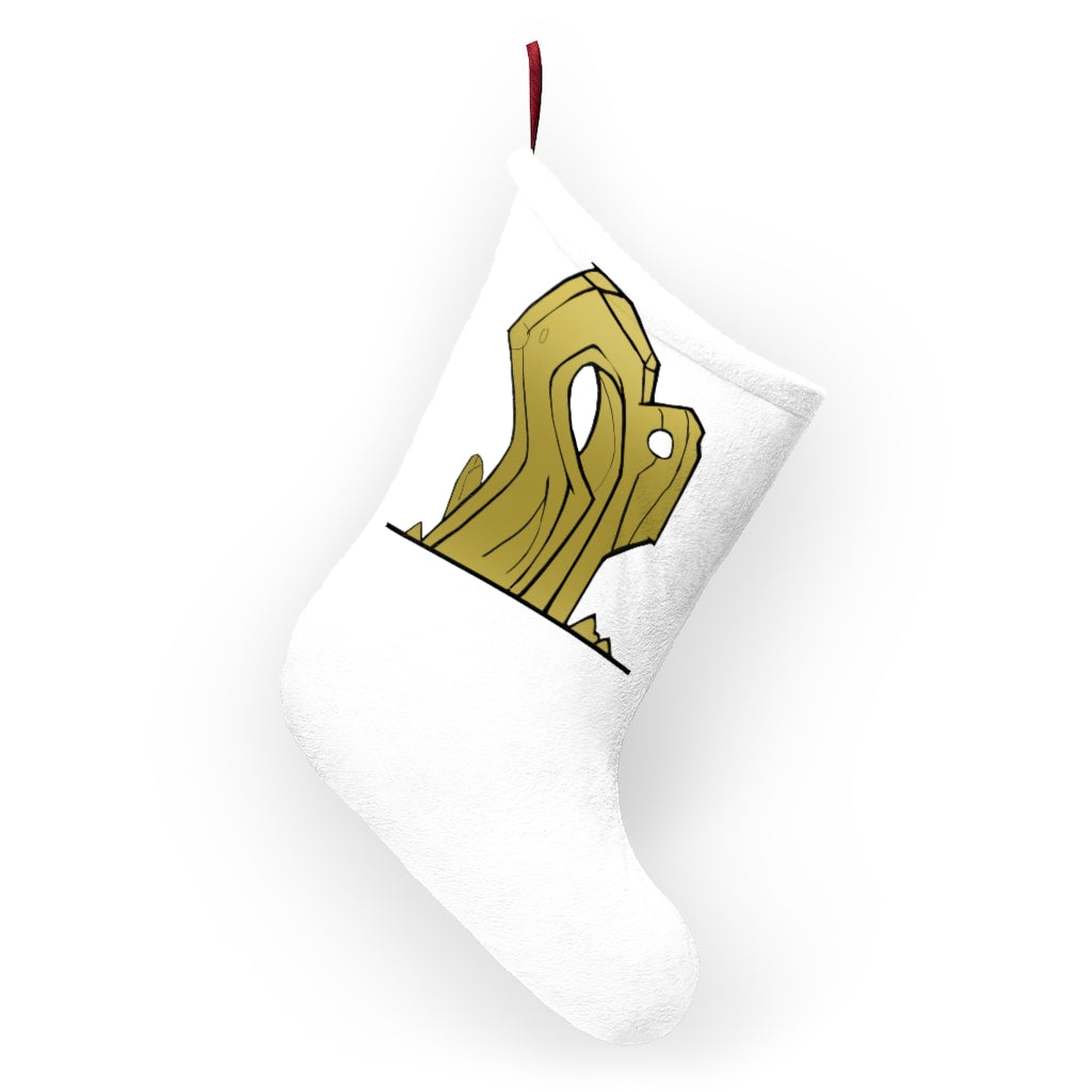 Personalized Rock Christmas Stockings hanging by a fireplace, showcasing festive designs and a soft fleece texture.