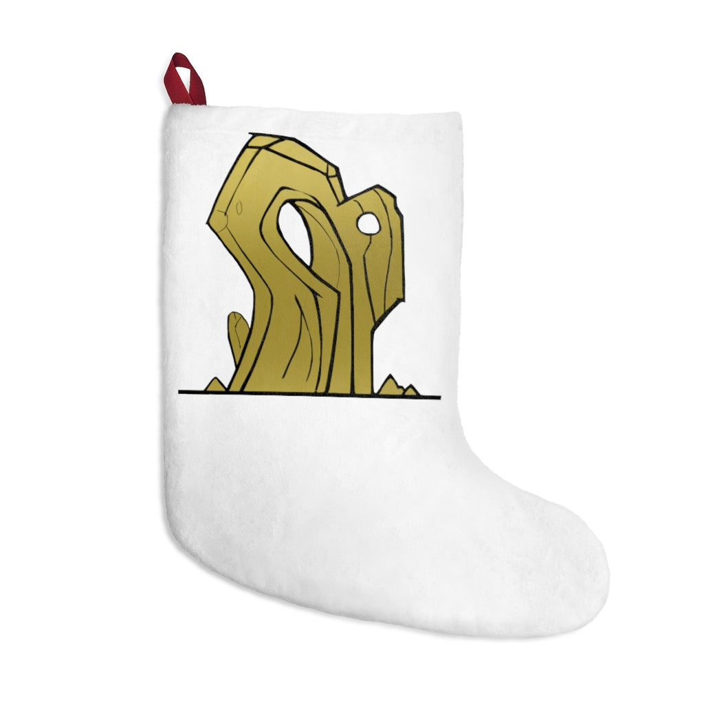 Personalized Rock Christmas Stockings hanging by a fireplace, showcasing festive designs and a soft fleece texture.