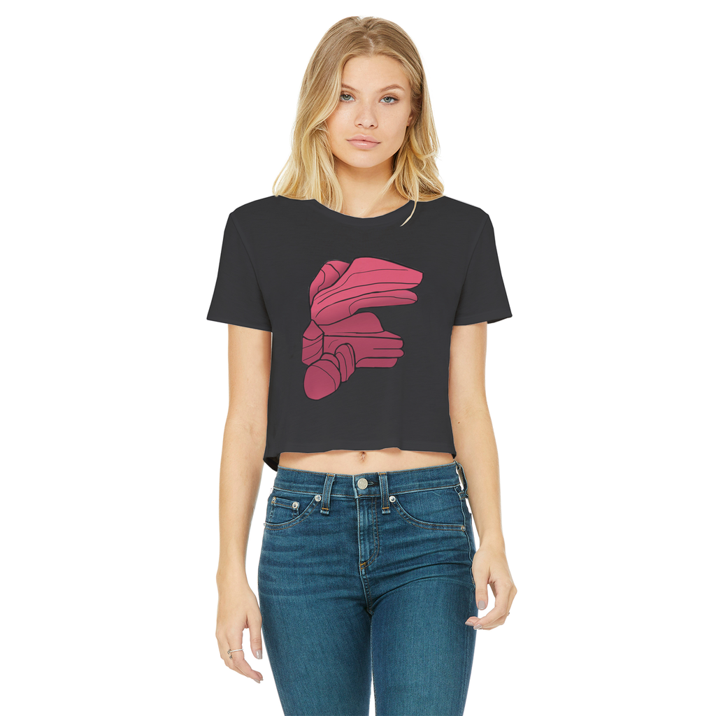 Rock Classic Women's Cropped Raw Edge T-Shirt in various colors with a raw edge hem and round neck design.