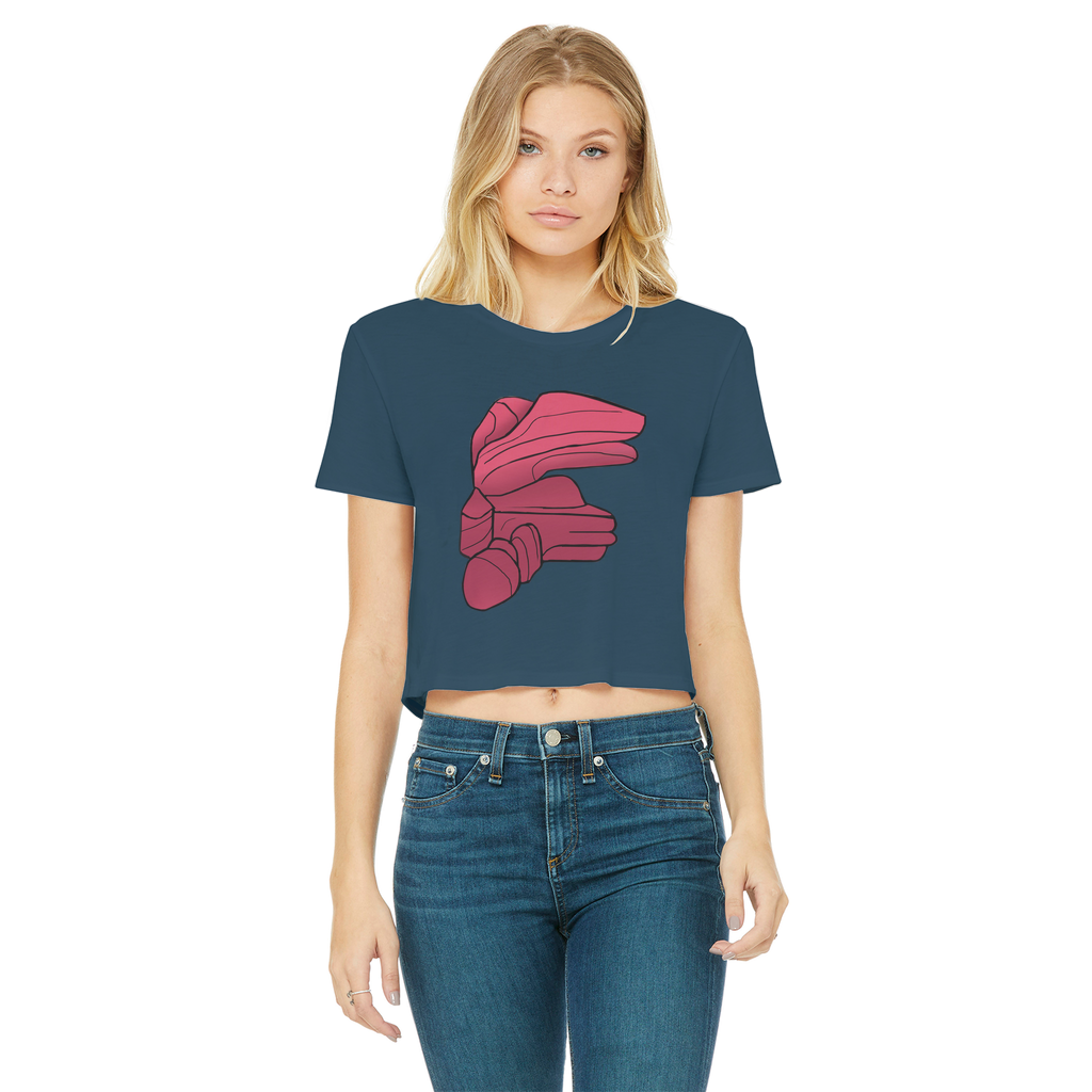 Rock Classic Women's Cropped Raw Edge T-Shirt in various colors with a raw edge hem and round neck design.