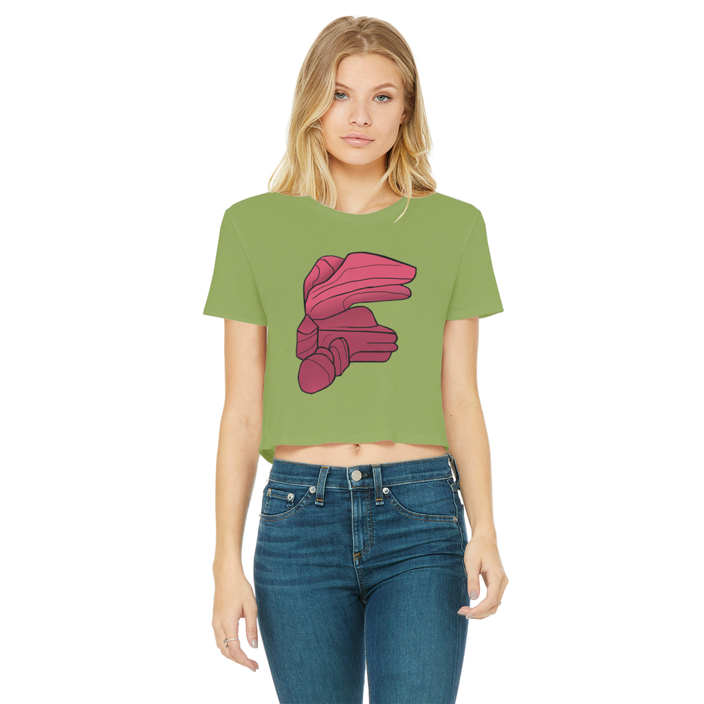 Rock Classic Women's Cropped Raw Edge T-Shirt in various colors with a raw edge hem and round neck design.