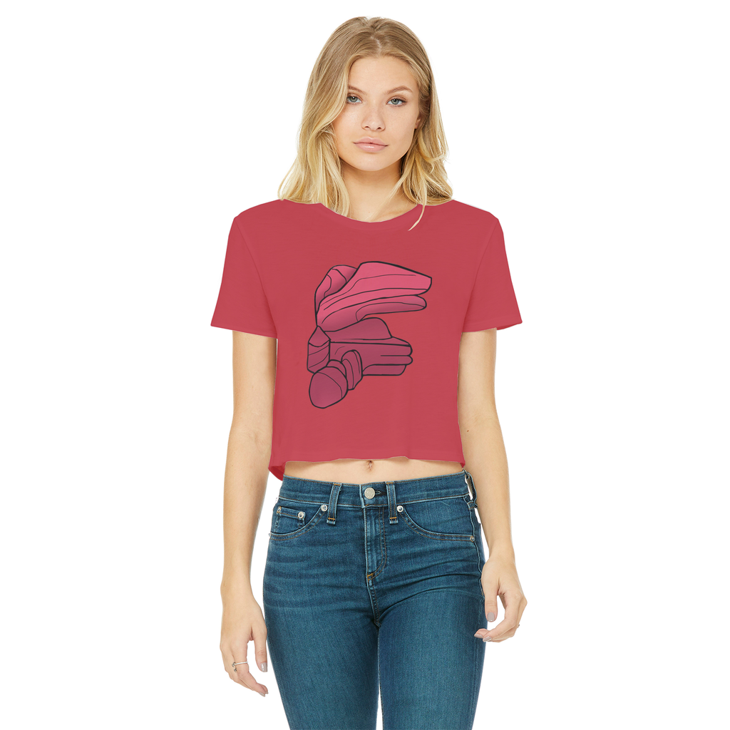 Rock Classic Women's Cropped Raw Edge T-Shirt in various colors with a raw edge hem and round neck design.