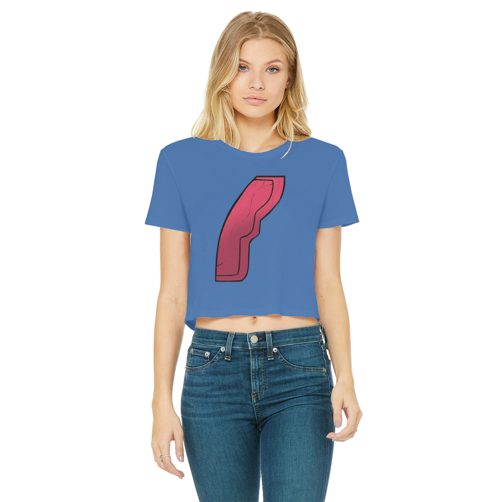 Rock Classic Women's Cropped Raw Edge T-Shirt featuring a round neck, short sleeves, and a stylish raw edge hem in various colors.