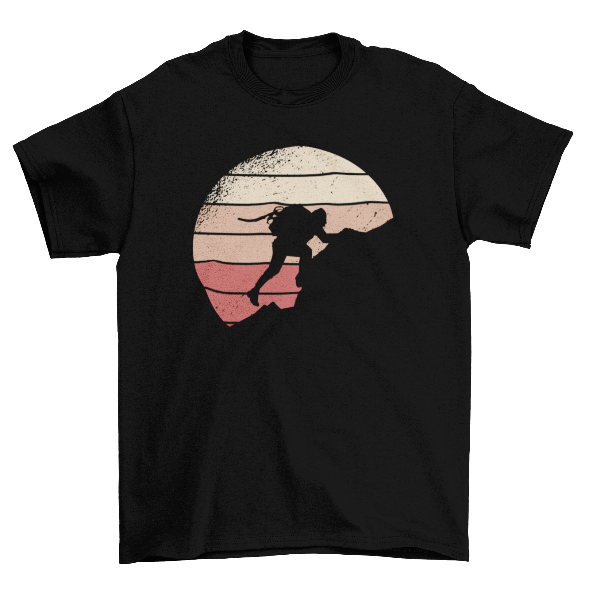 Rock climbing retro sunset t-shirt featuring a climber silhouette against a colorful sunset background.