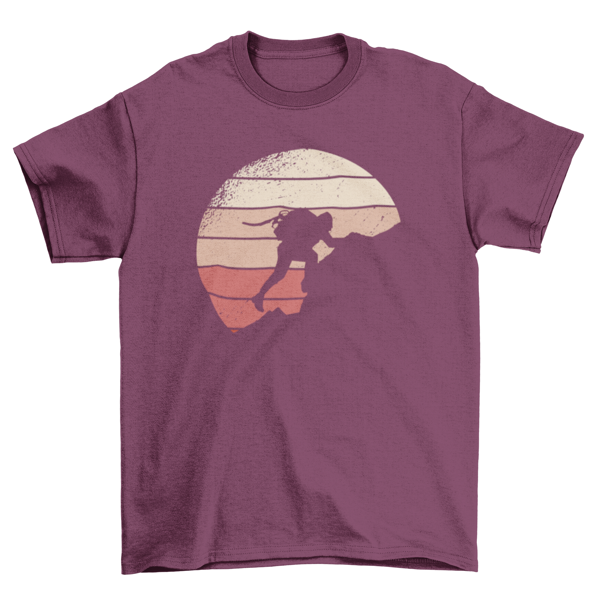 Rock climbing retro sunset t-shirt featuring a climber silhouette against a colorful sunset background.