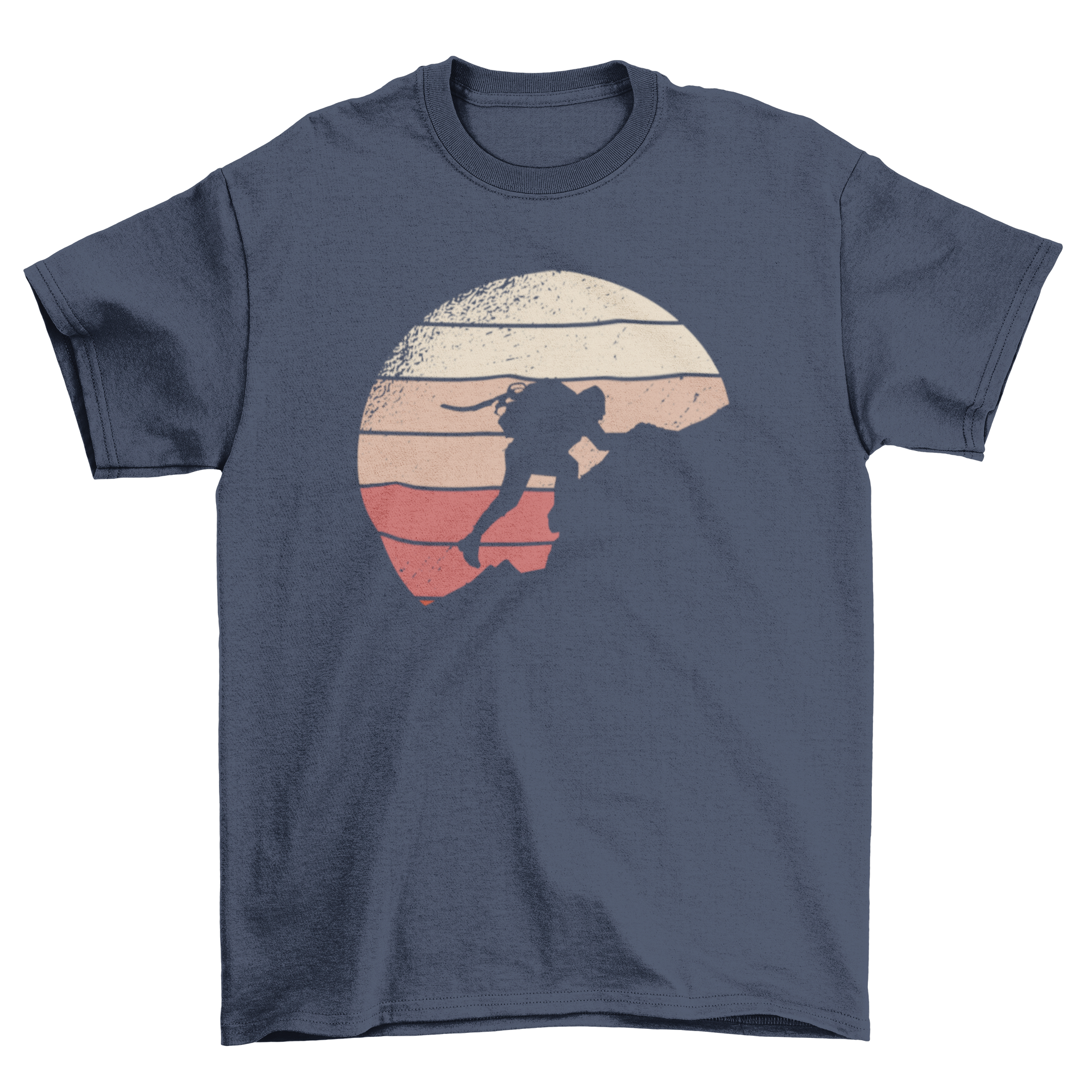 Rock climbing retro sunset t-shirt featuring a climber silhouette against a colorful sunset background.