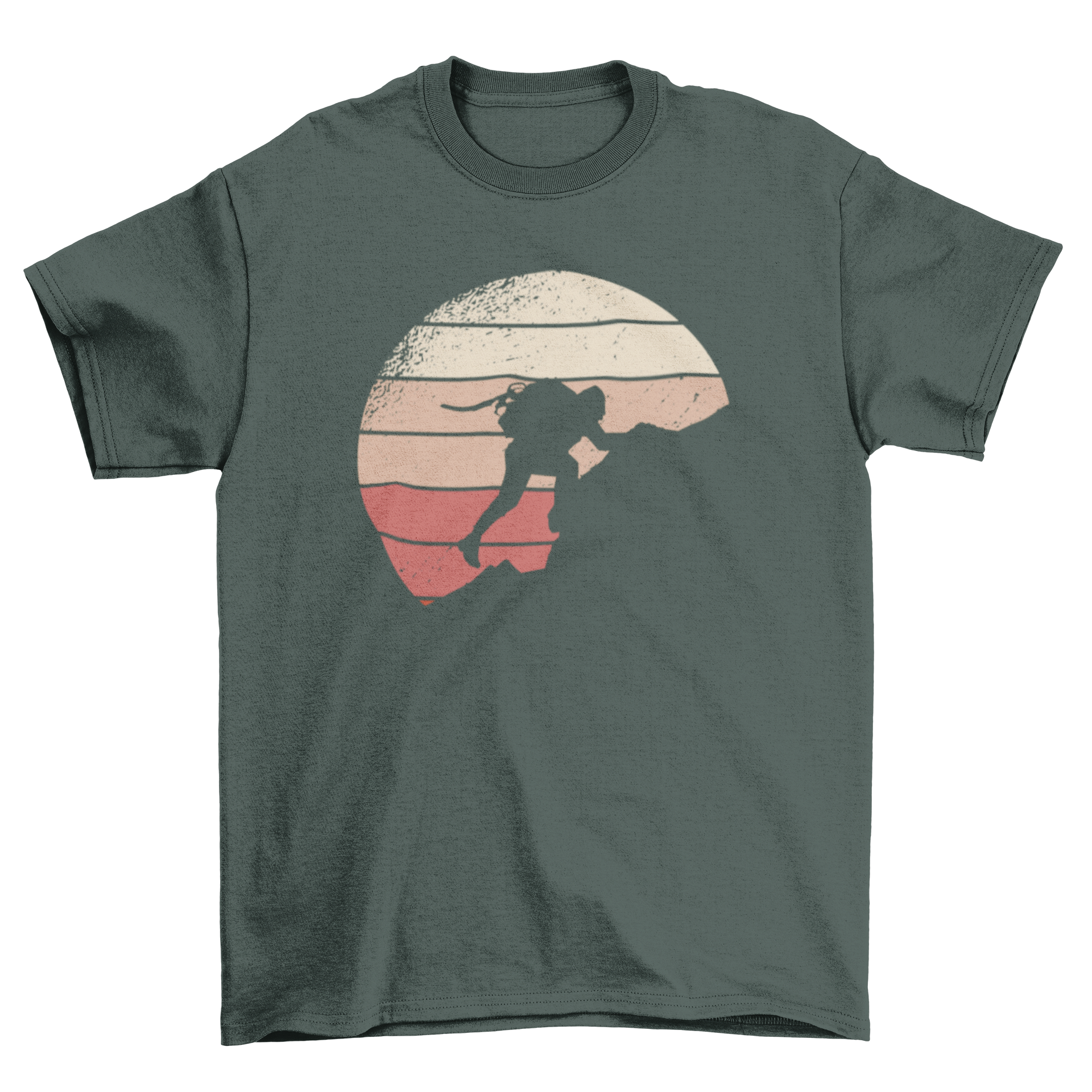 Rock climbing retro sunset t-shirt featuring a climber silhouette against a colorful sunset background.