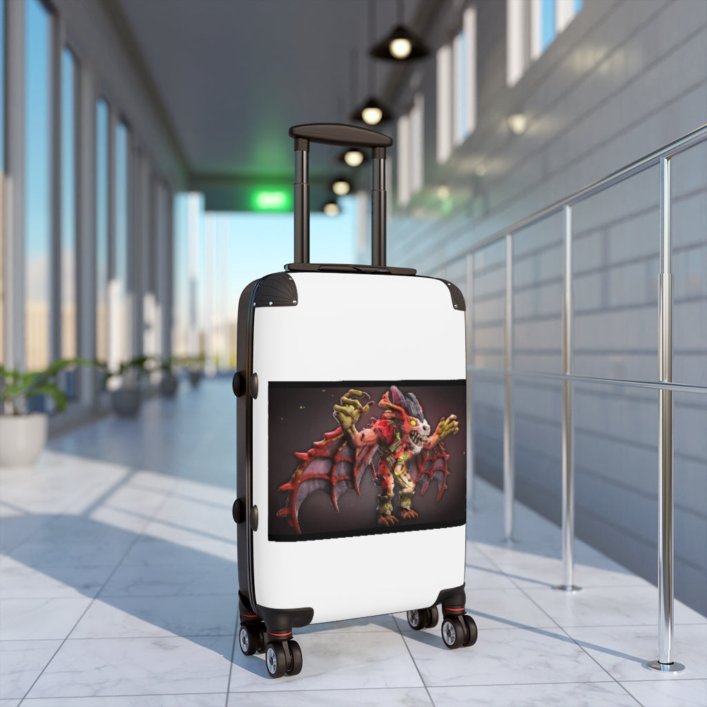 Rock Creature Cabin Suitcase featuring personalized faux leather design, adjustable handle, and 360° swivel wheels.