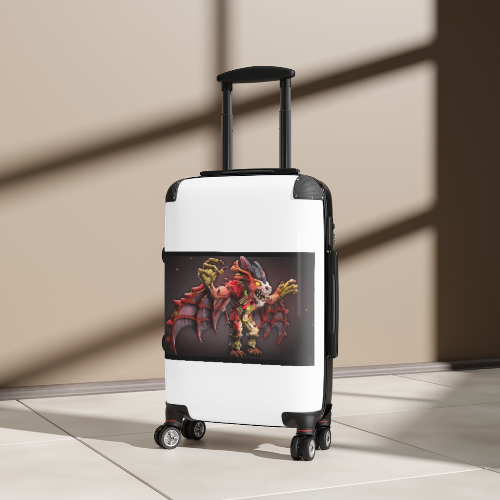 Rock Creature Cabin Suitcase featuring personalized faux leather design, adjustable handle, and 360° swivel wheels.