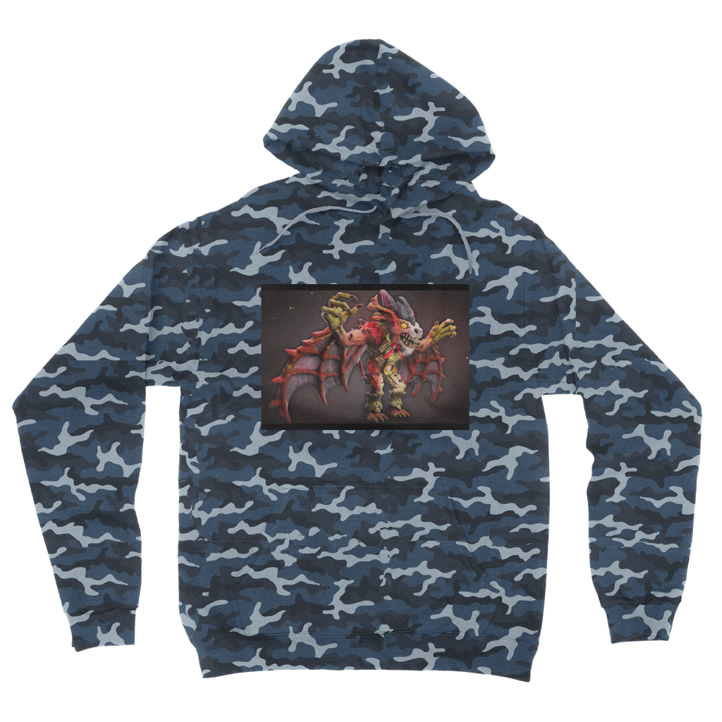 Rock Creature Camouflage Adult Hoodie featuring all-over camo design, double fabric hood, and kangaroo pouch pocket.