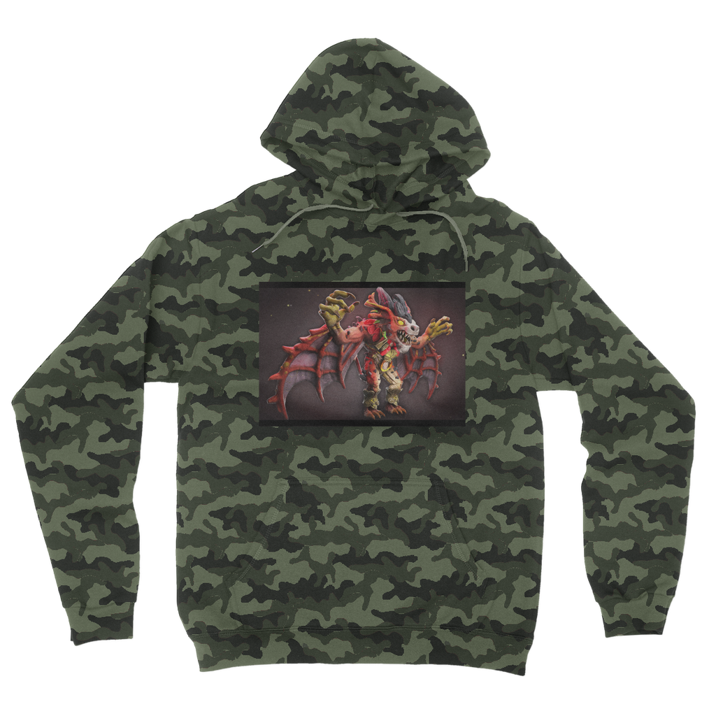 Rock Creature Camouflage Adult Hoodie featuring all-over camo design, double fabric hood, and kangaroo pouch pocket.