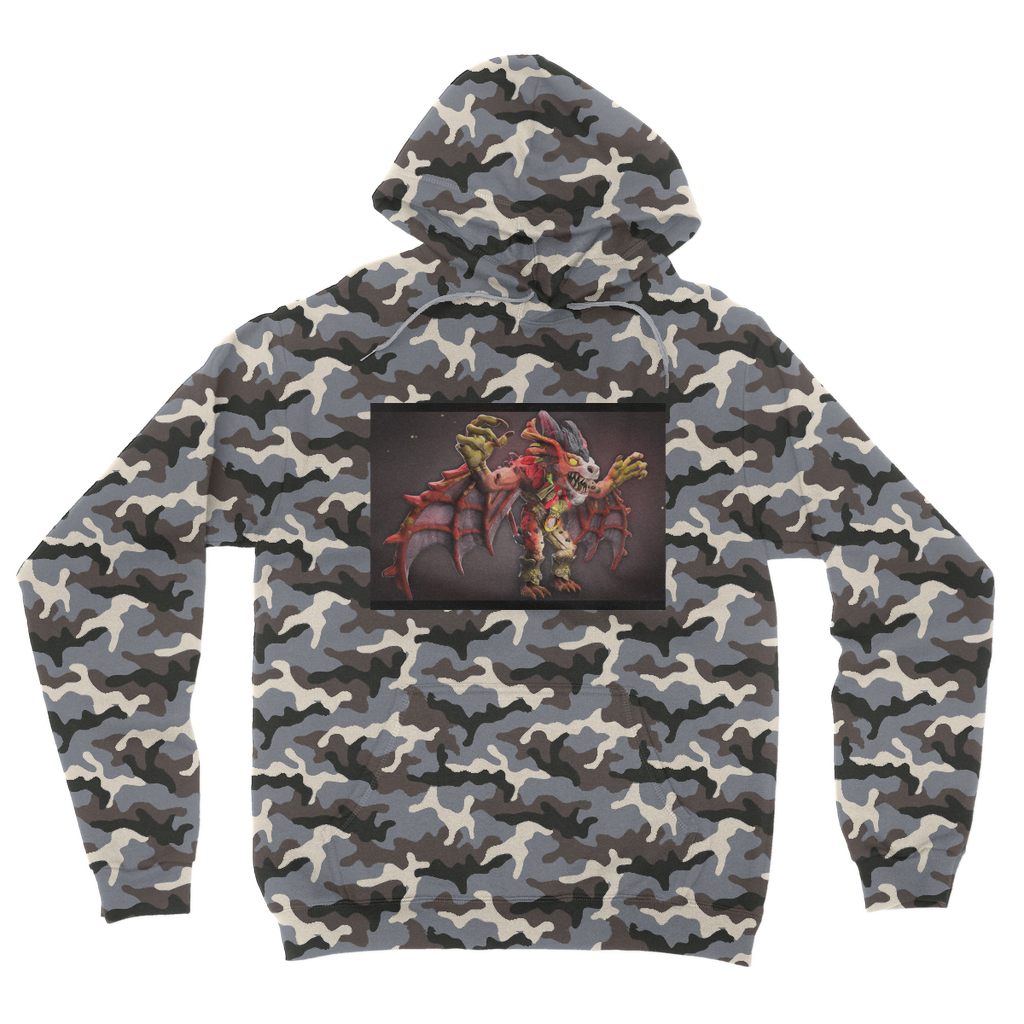 Rock Creature Camouflage Adult Hoodie featuring all-over camo design, double fabric hood, and kangaroo pouch pocket.