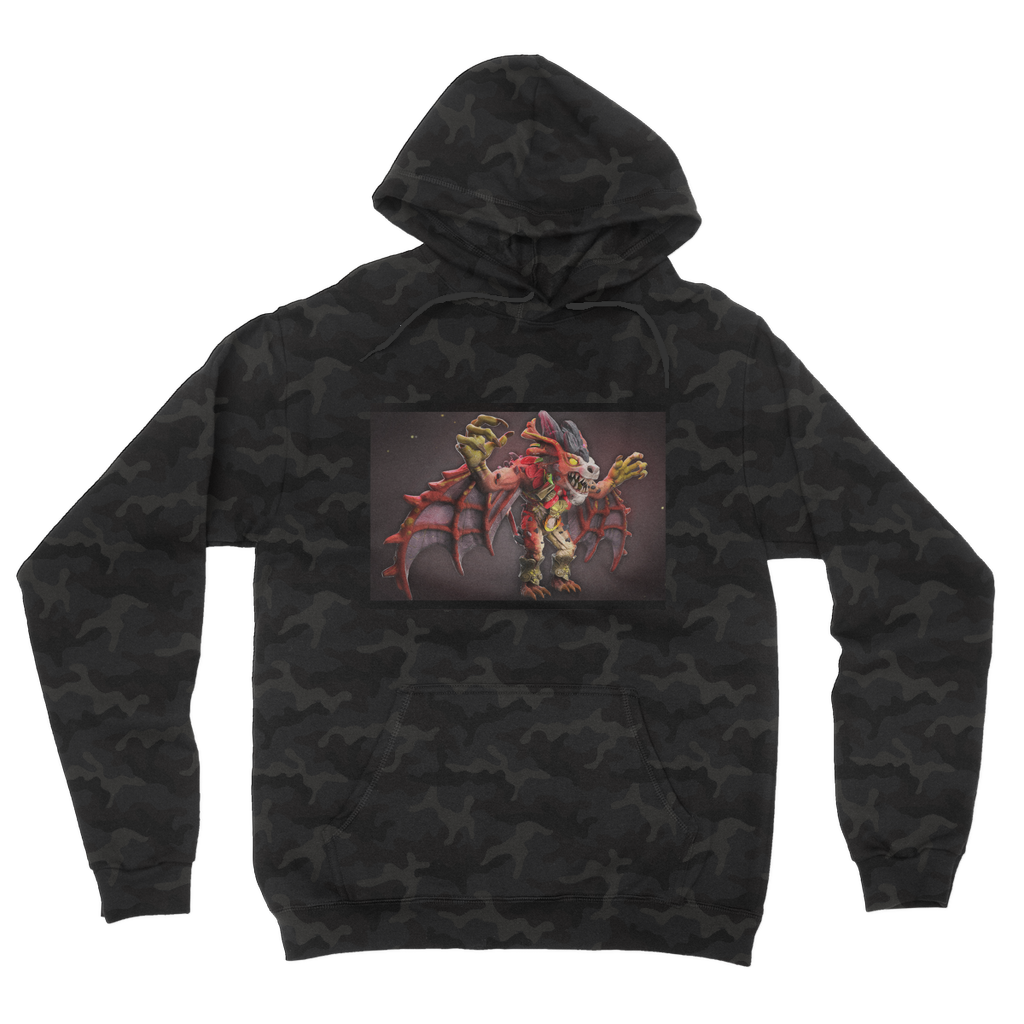 Rock Creature Camouflage Adult Hoodie featuring all-over camo design, double fabric hood, and kangaroo pouch pocket.