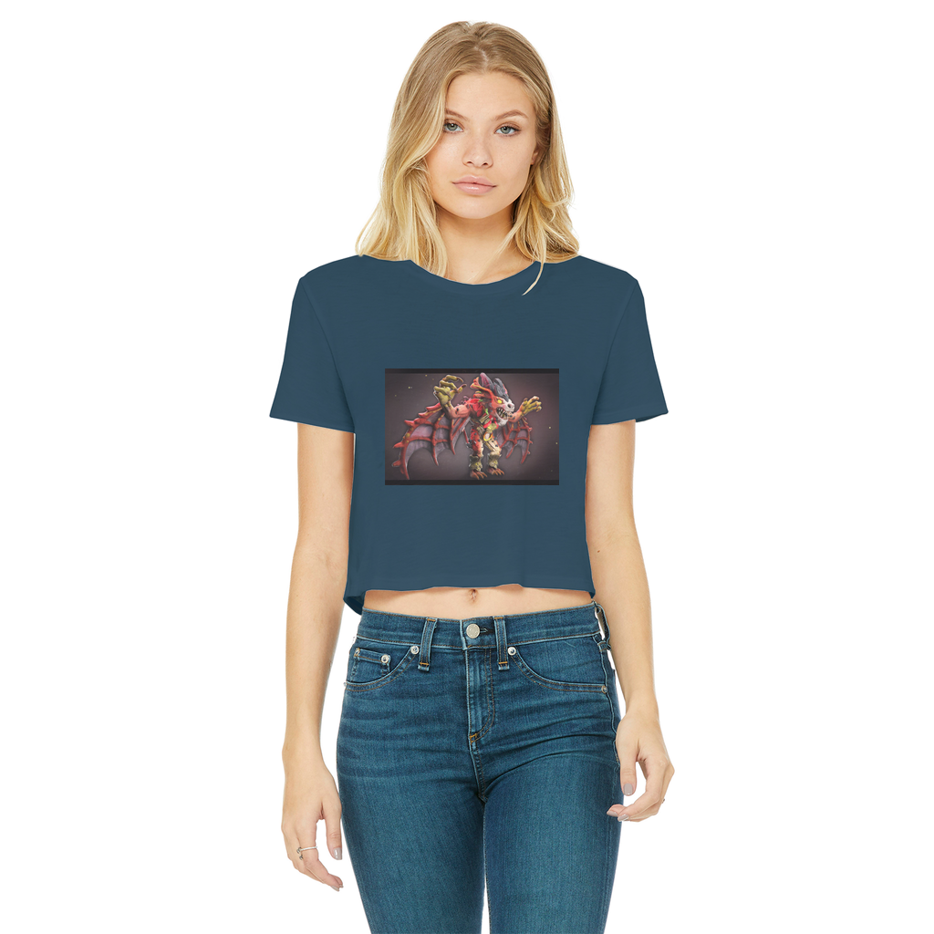 Rock Creature Classic Women's Cropped Raw Edge T-Shirt featuring a round neck, short sleeves, and a stylish raw edge hem in various colors.